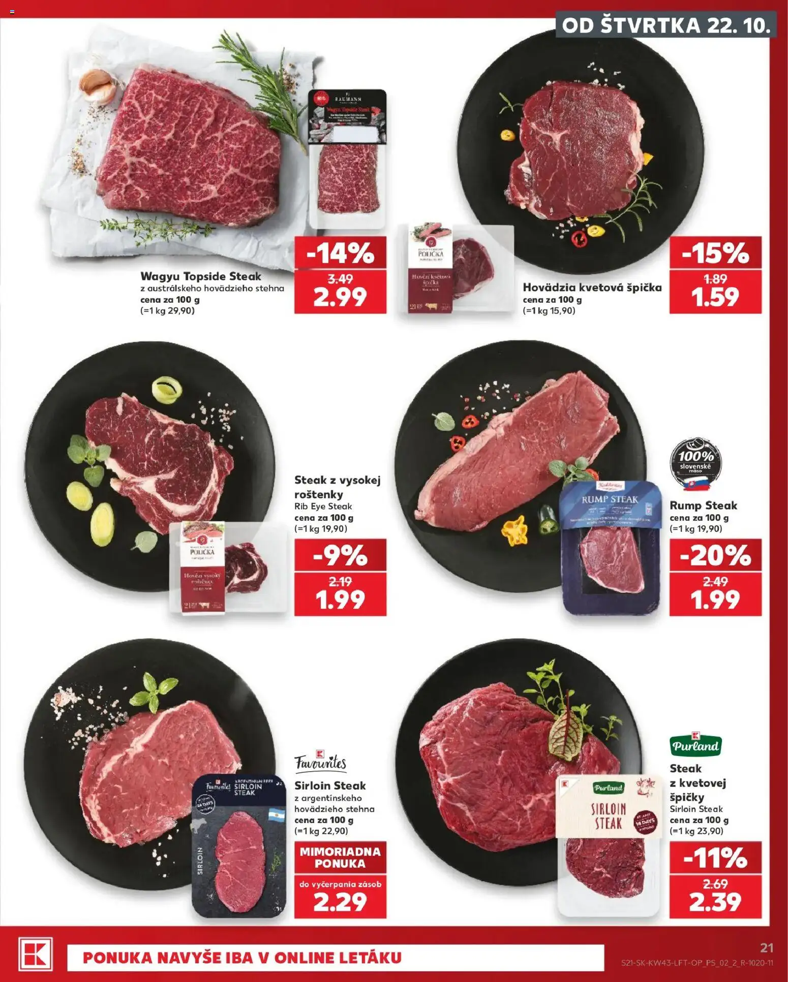 Nové Kaufland akcie – leták je platný od 22.10.2026 | Strana: 21 | Produkty: Rump steak, Mäso, Steak, Stehná