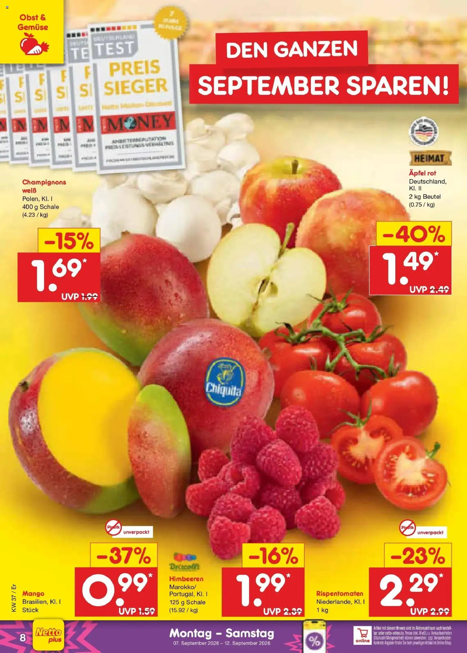 Netto Marken-Discount Prospekt Naumburg – gültig ab 07.09.2026 | Seite: 14 | Produkte: Himbeeren, Champignons, Gemüse, Mango