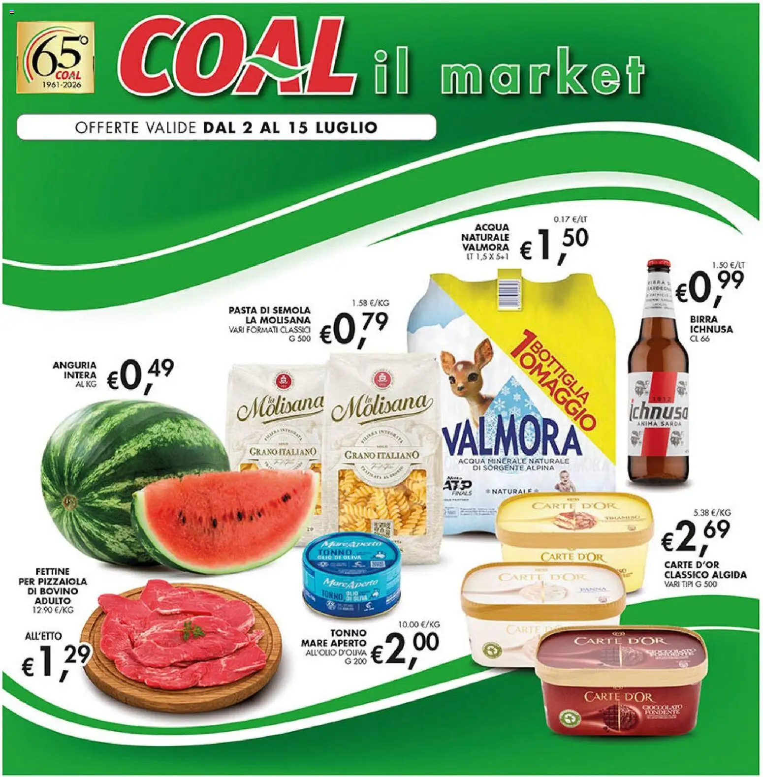 Volantino Coal del 02/07/2026 | Pagina: 1 | Prodotti: Bovino, Anguria, Tonno, Acqua minerale
