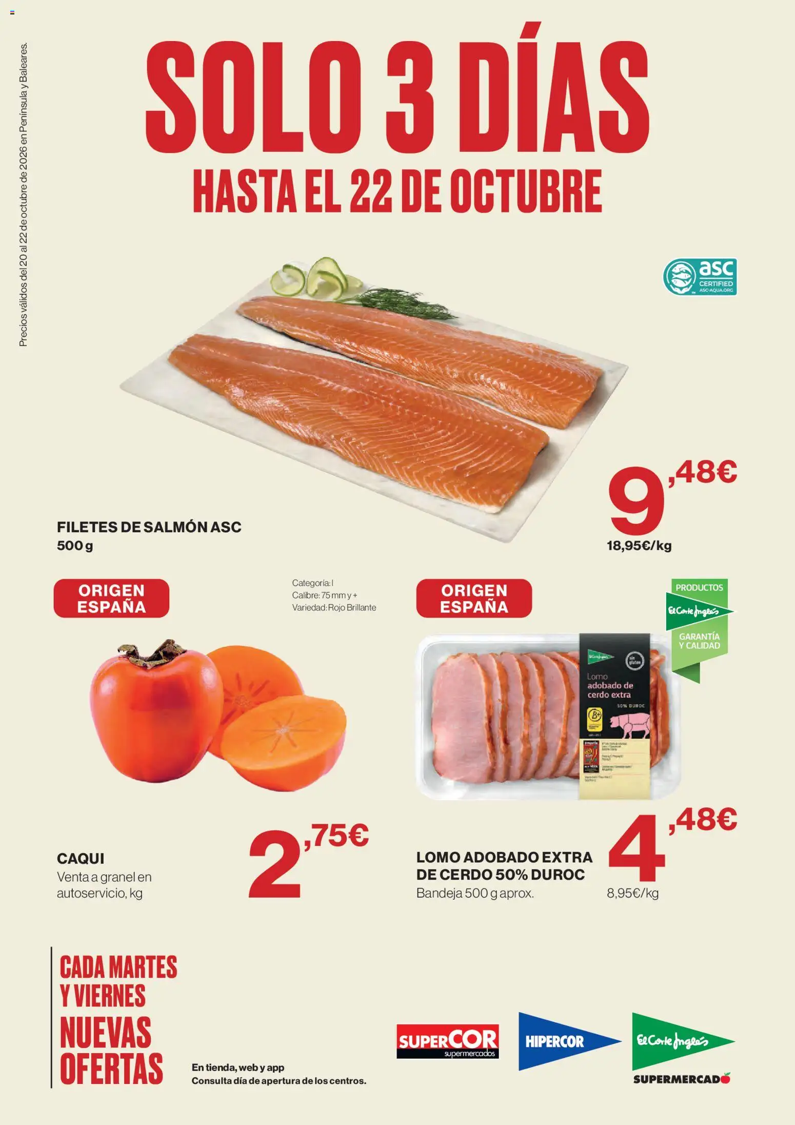 Hipercor Solo 3 días │ válido desde el 20/10/2026 | Página: 1 | Productos: Lomo, Cerdo, Salmón, Caqui