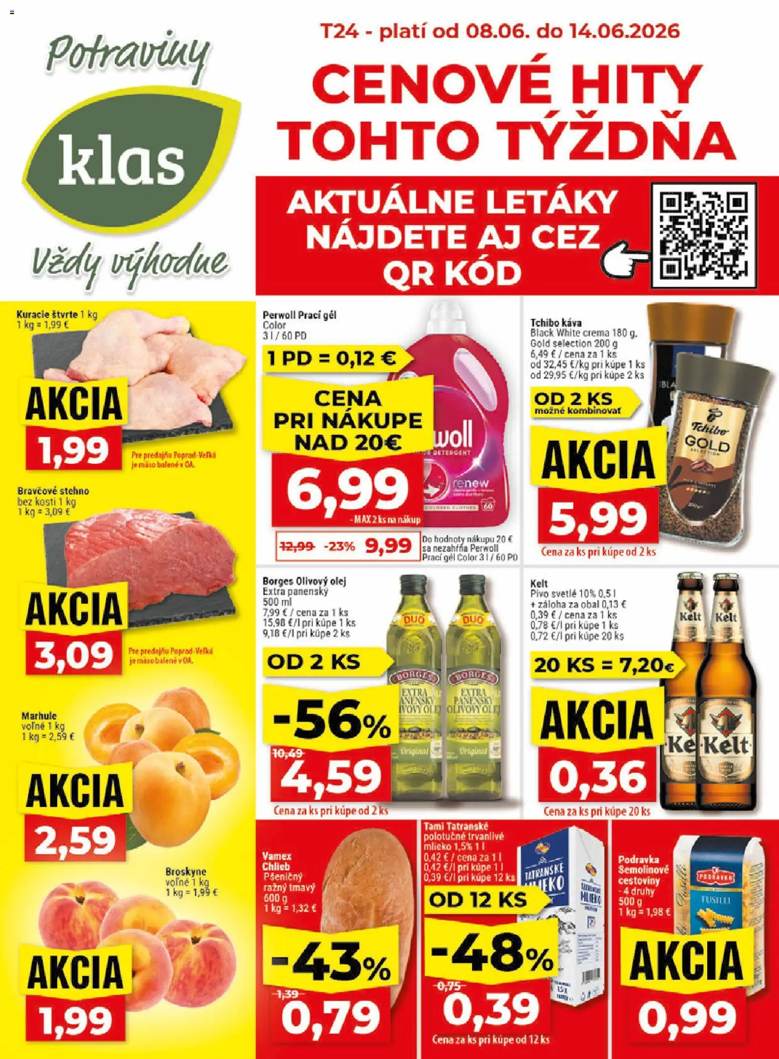 Nové Klas akcie – leták je platný od 08.06.2026 | Strana: 1 | Produkty: Mlieko, Chlieb, Káva, Olivový olej
