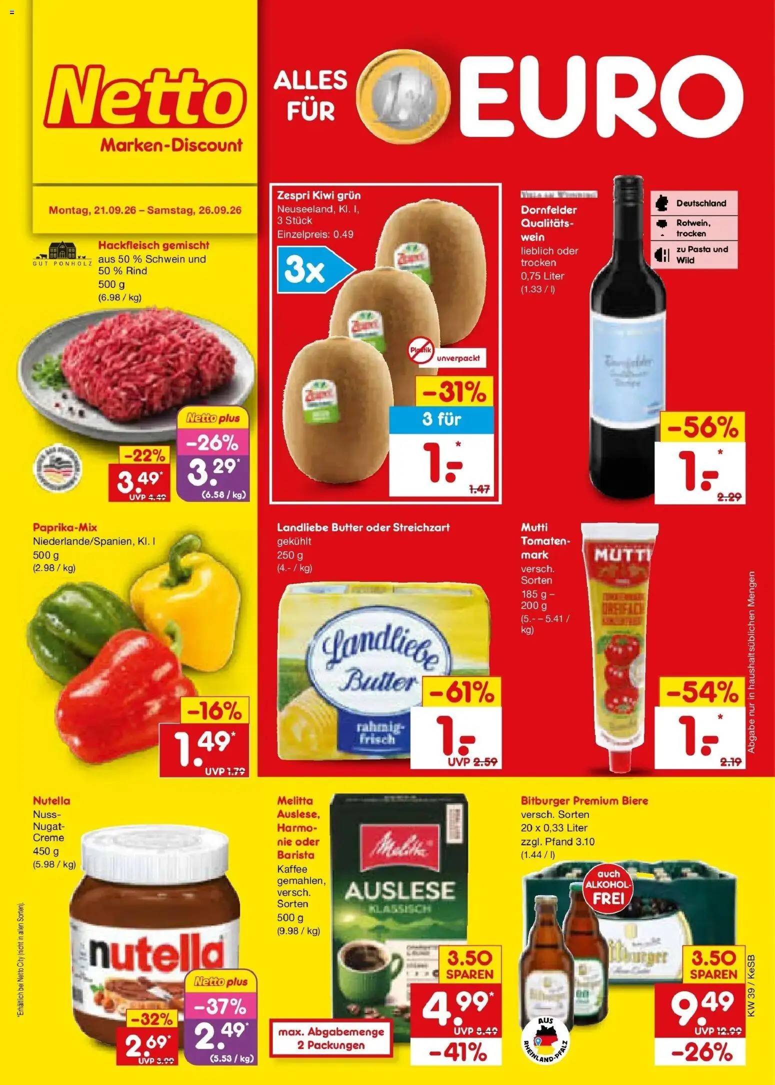Netto Marken-Discount Prospekt Koblenz – gültig ab 21.09.2026 | Seite: 1 | Produkte: Butter, Nutella, Alkohol, Hackfleisch