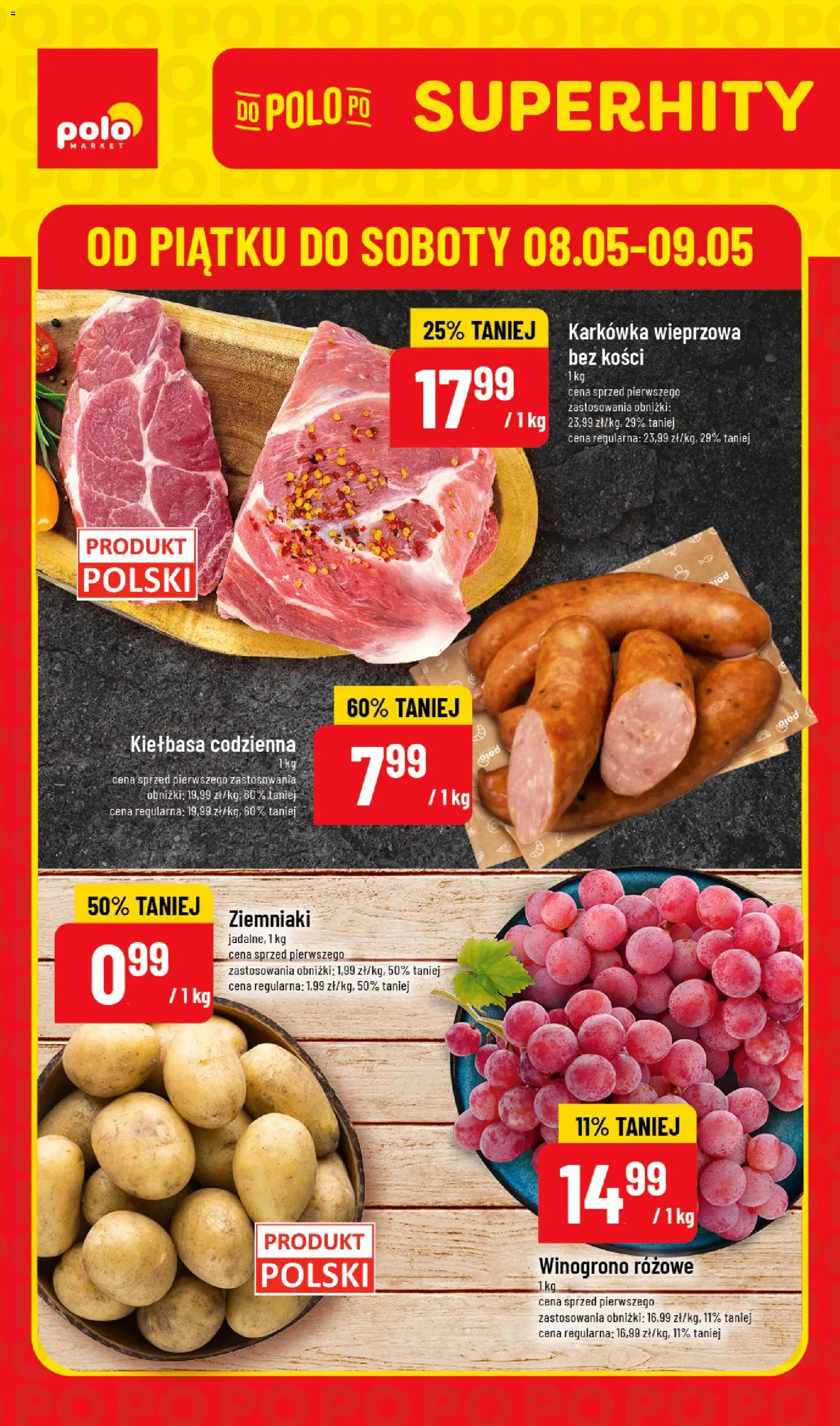 POLOmarket gazetka - Super Hity od 08.05.2026 | Strona: 1 | Produkty: Kiełbasa, Winogrono, Karkówka, Karkówka wieprzowa