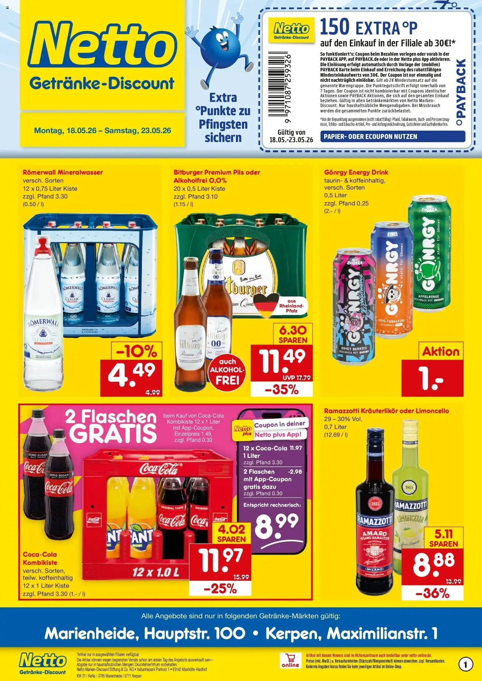 Netto Marken-Discount Prospekt Marienheide	 – gültig ab 17.05.2026 | Seite: 1 | Produkte: Bitburger, Coca cola, Cola, Ramazzotti