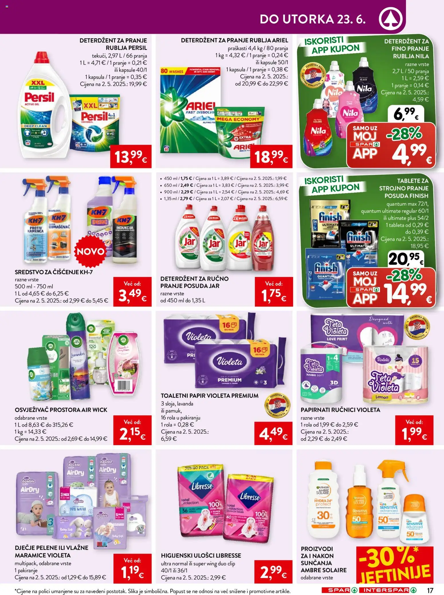 Spar katalog | vrijedi od 17.06.2026 | Stranica: 29 | Proizvodi: Higijenski ulošci, Deterdžent za pranje rublja, Osvježivač prostora, Finish