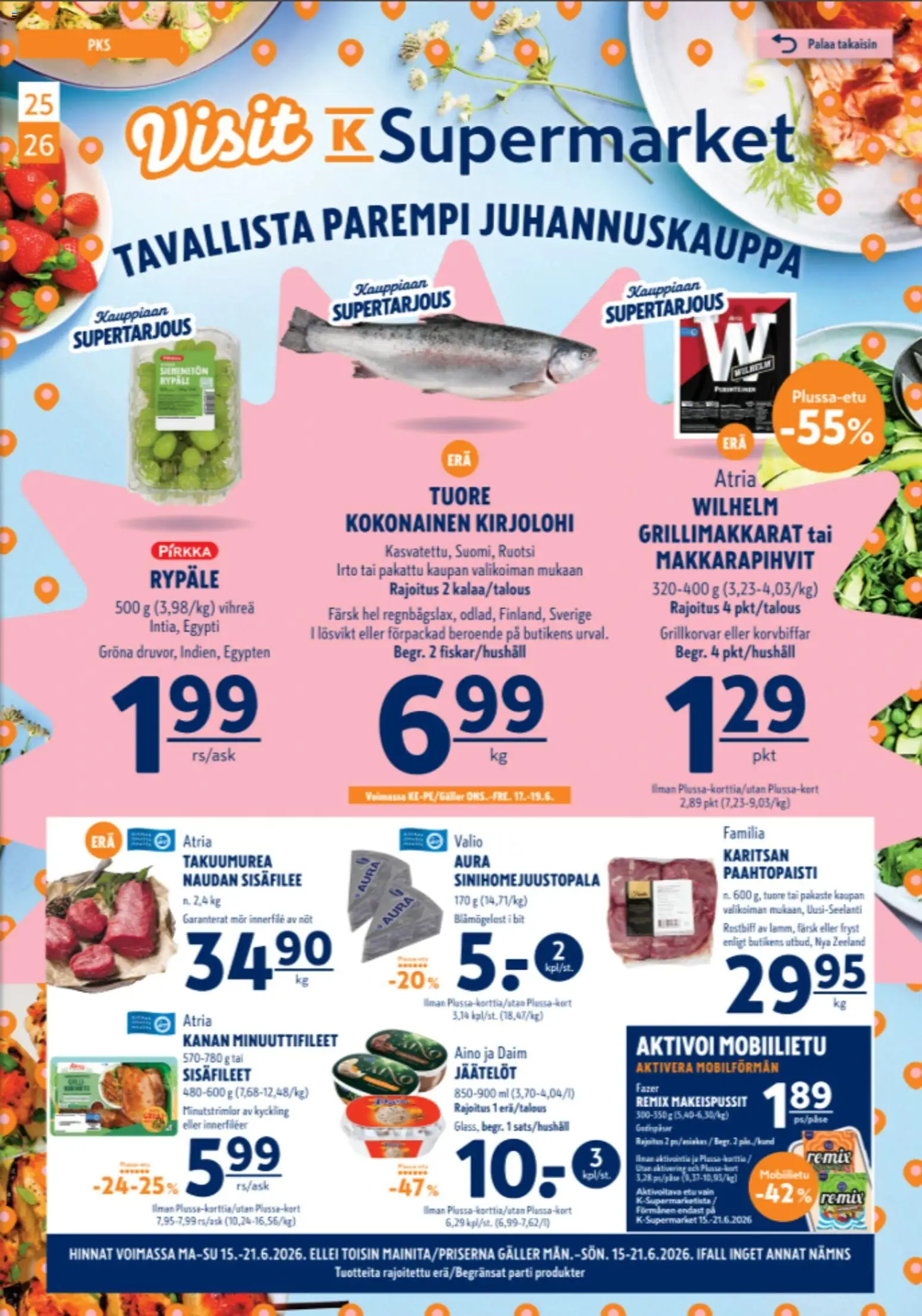 K-Supermarket tarjoukset – voimassa 15.06.2026 alkaen | Sivu: 1 | Tuotteet: Kirjolohi, Kokonainen, Makeispussit