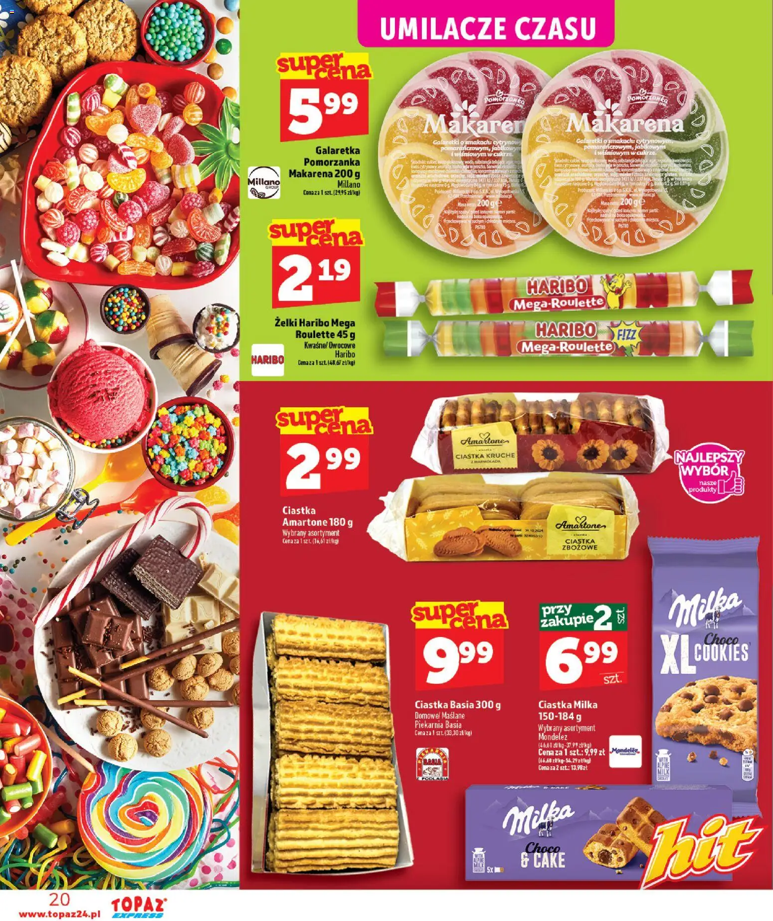 Topaz gazetka - Express od 18.06.2026 | Strona: 20 | Produkty: Żelki haribo, Galaretka, Milka, Ciastka zbożowe