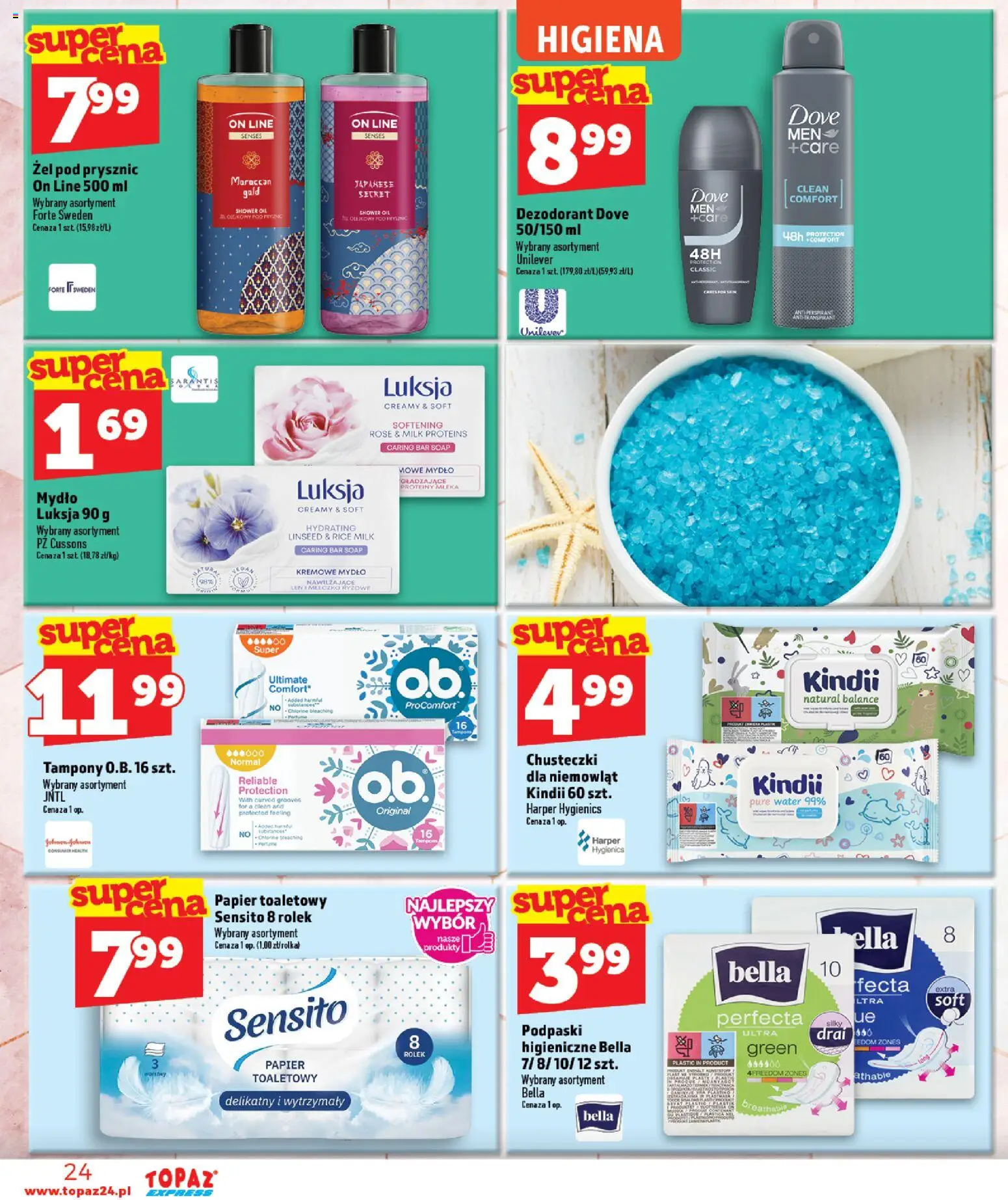 Topaz gazetka - Express od 09.07.2026 | Strona: 24 | Produkty: Papier toaletowy, Mleka, Podpaski, Prysznic