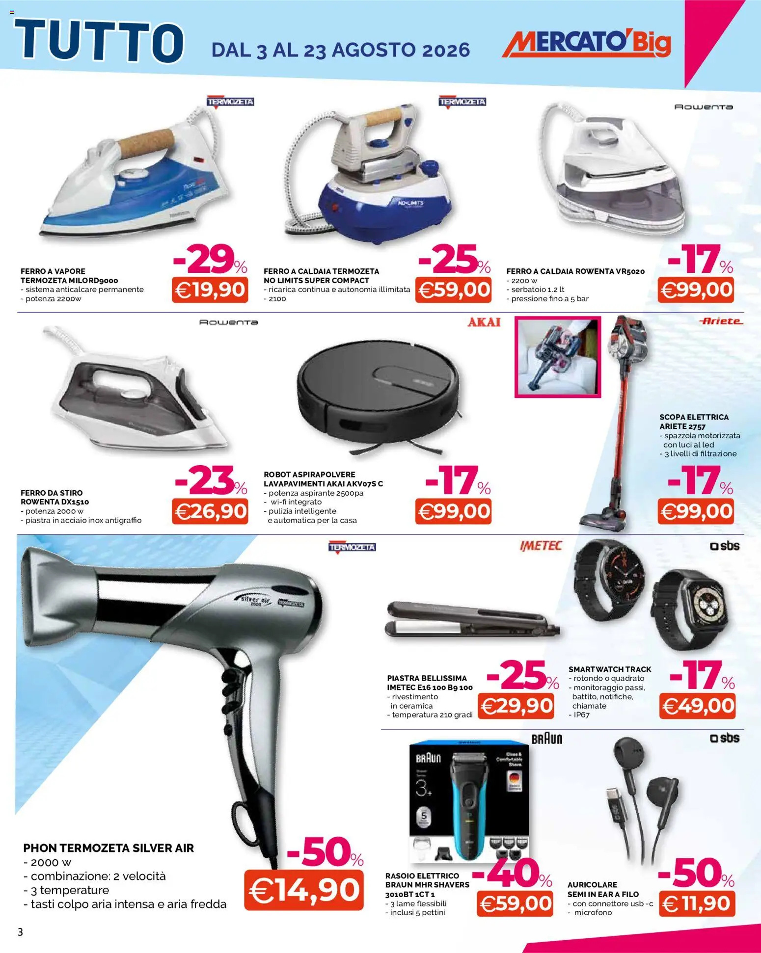 Volantino Mercatò del 03/08/2026 | Pagina: 3 | Prodotti: Scopa elettrica, Microfono, Rasoio elettrico, Robot
