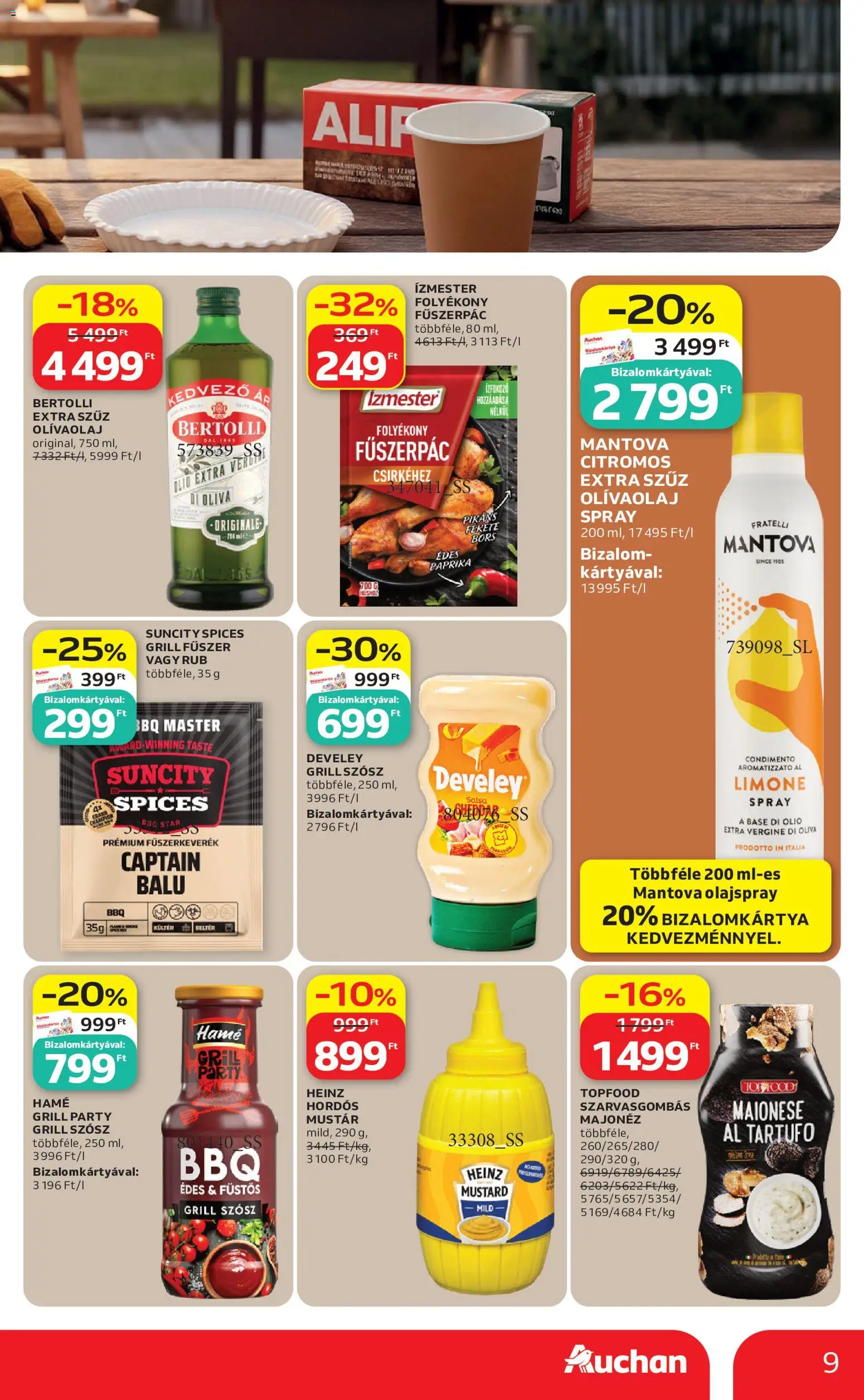 Auchan akciós ujság - amely érvényes a következő dátumtól: 21.05.2026 | Oldal: 9 | Termékek: Fűszerkeverék, Fűszerpác, Grill, Olívaolaj