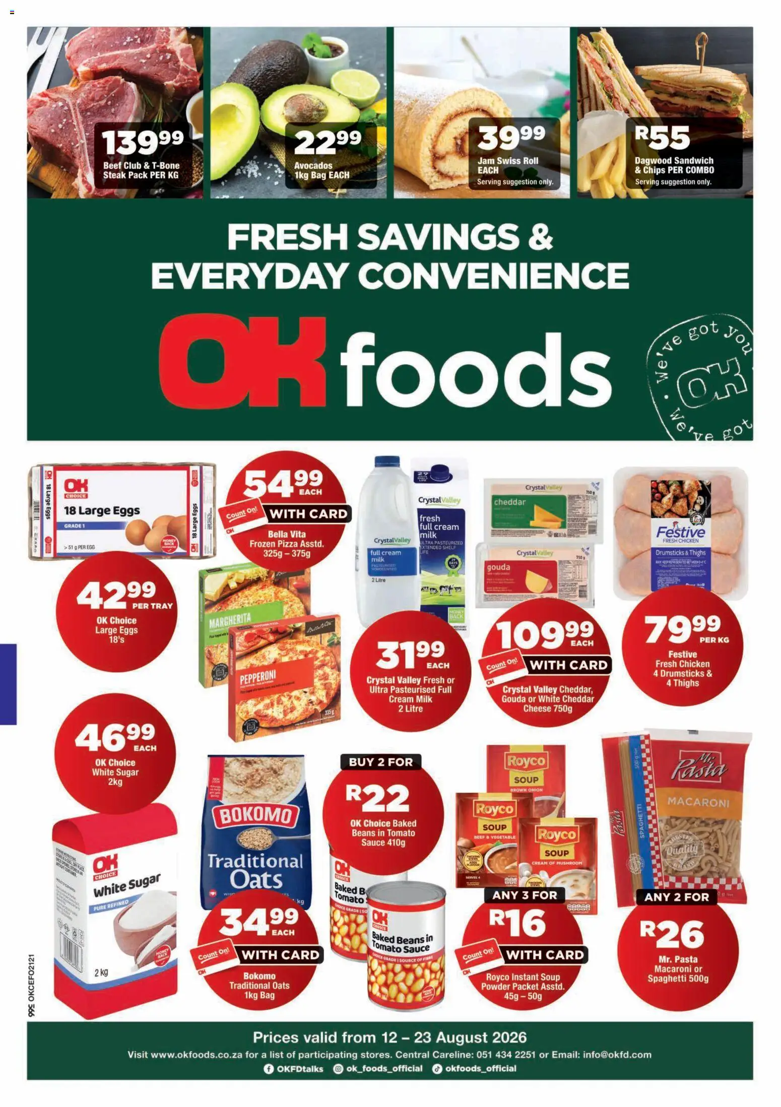 New OK Foods catalogue – valid from 12/08/2026 | Page: 1 | Products: Baked beans, Eggs, Thighs, Chips