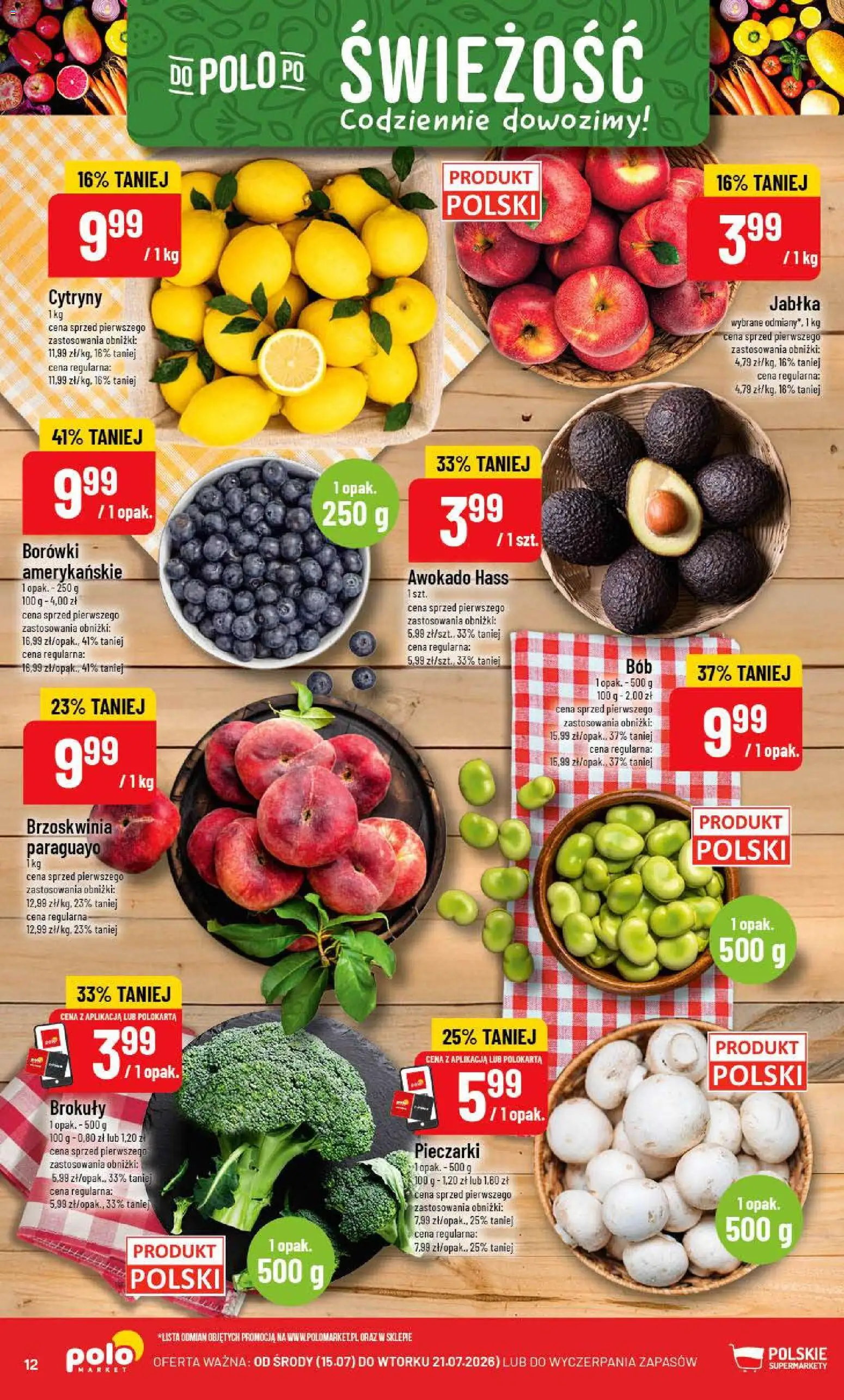 POLOmarket gazetka od 15.07.2026 | Strona: 12 | Produkty: Brzoskwinia, Pieczarki, Jabłka, Awokado