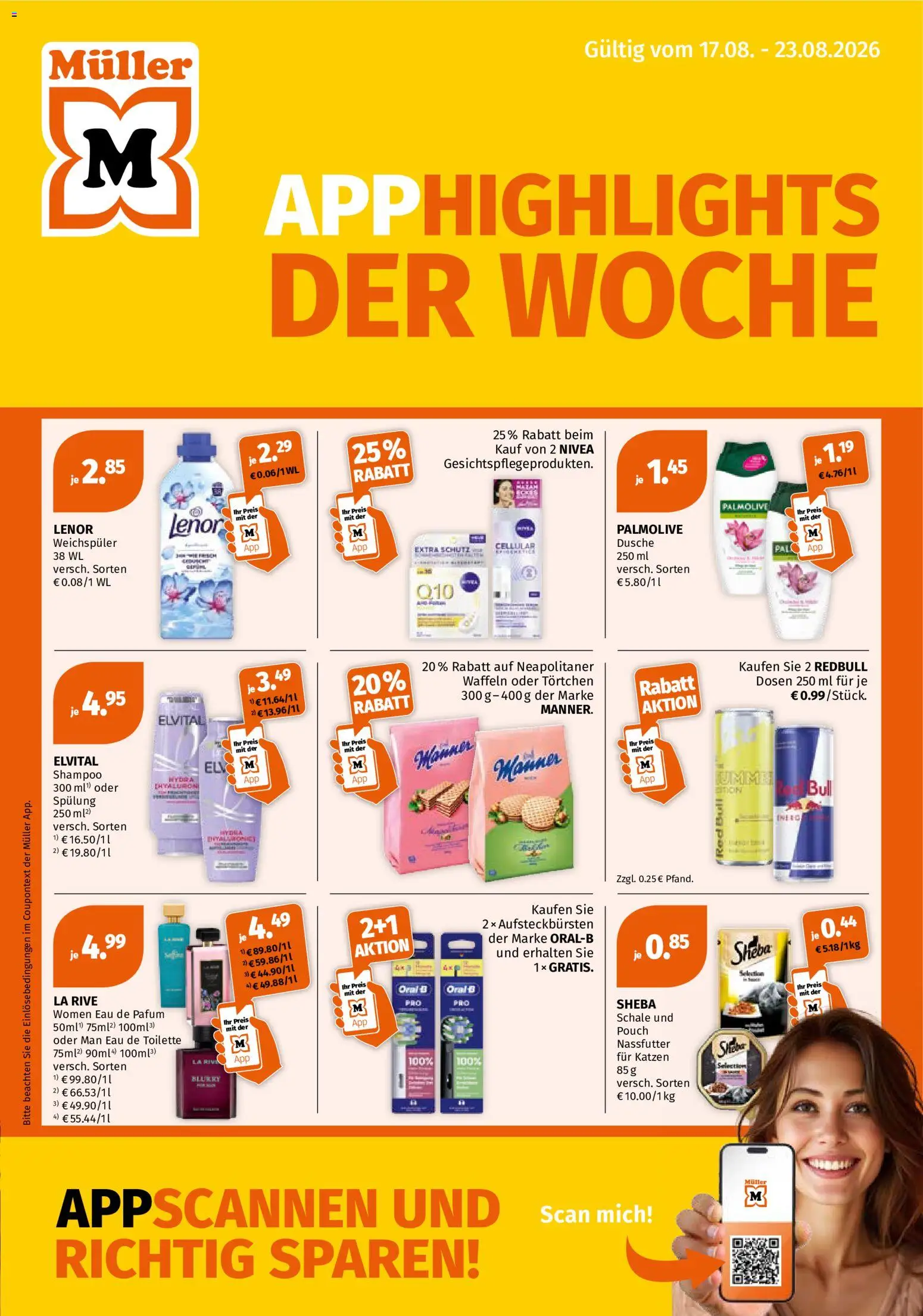 Müller Flugblatt gültig ab 17.08.2026 | Seite: 1 | Produkte: Waffeln, Dusche, Eau de Toilette, Shampoo