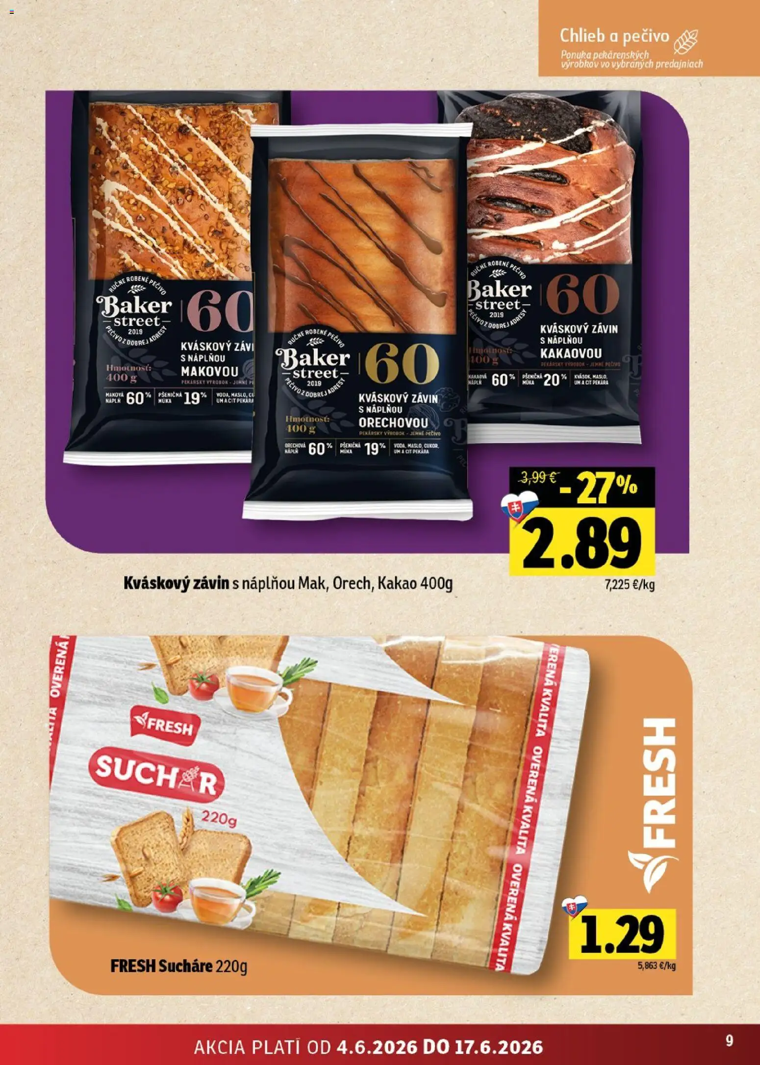 Nové Fresh akcie – leták je platný od 04.06.2026 | Strana: 9 | Produkty: Závin, Pšeničná múka, Múka, Kakao