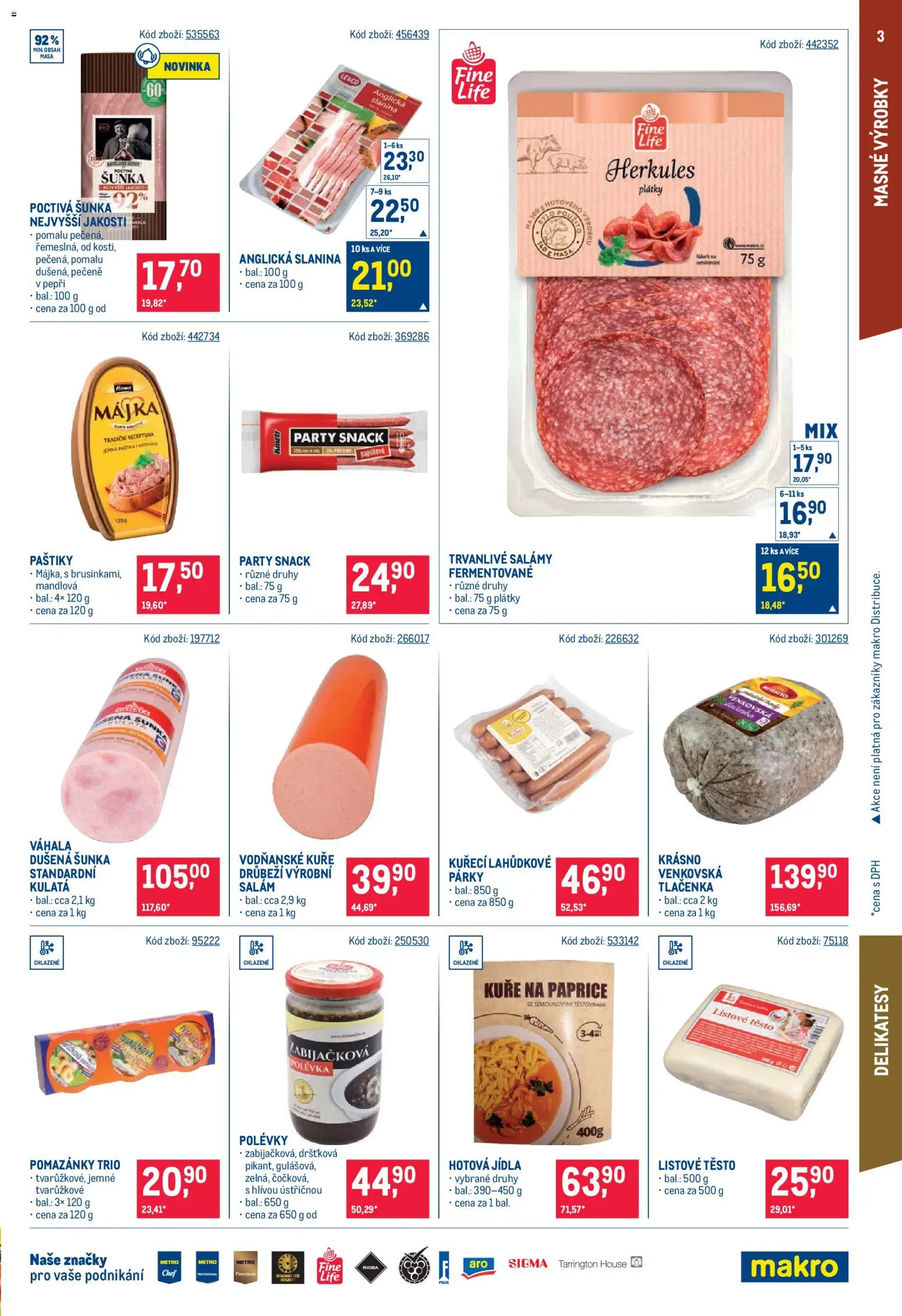 Makro leták od 23.09.2026 | Strana: 3 | Produkty: Pomazánky, Šunka, Chlazené kuře, Těsto