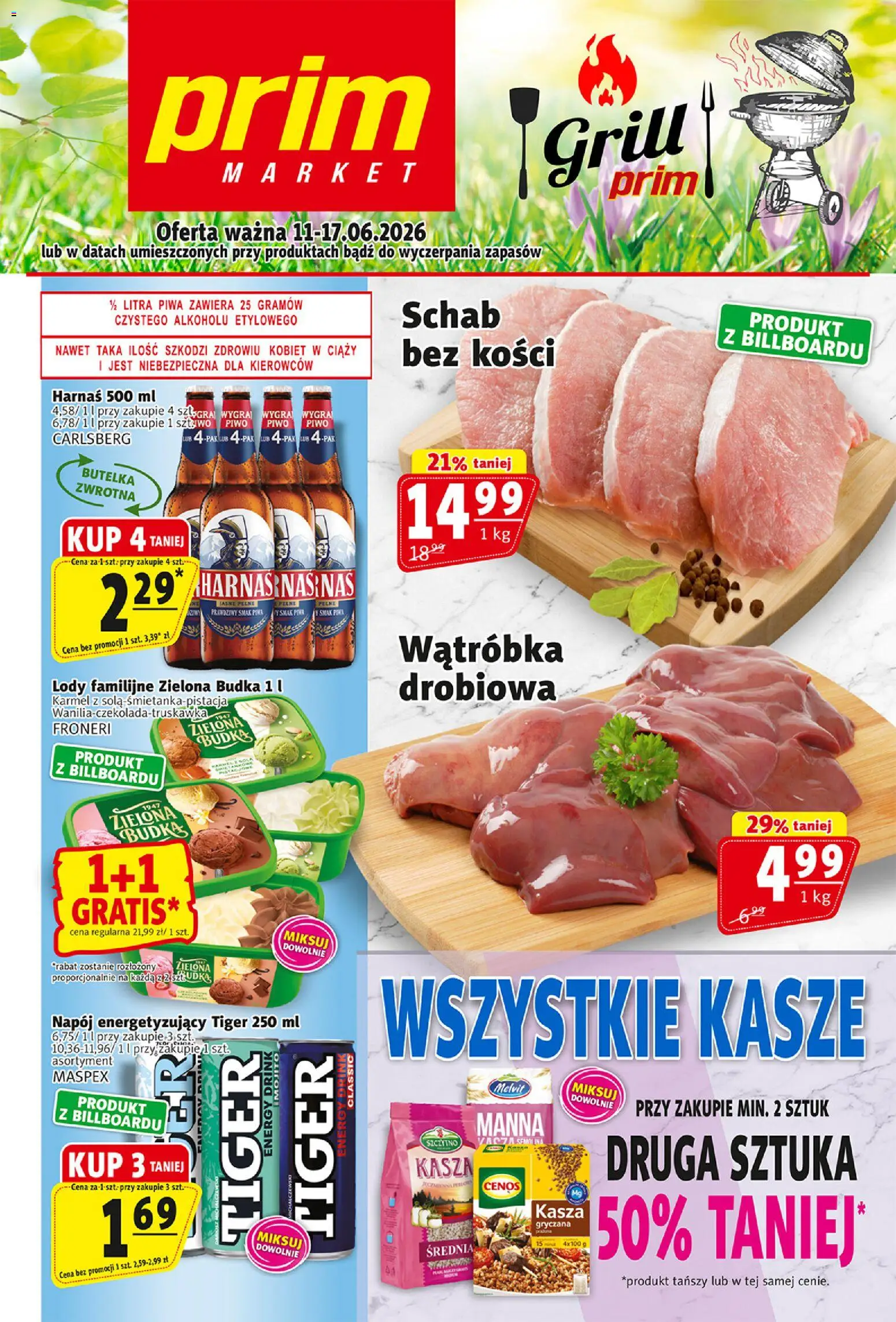 Prim Market gazetka od 11.06.2026 | Strona: 1 | Produkty: Grill, Harnaś, Piwo, Lody