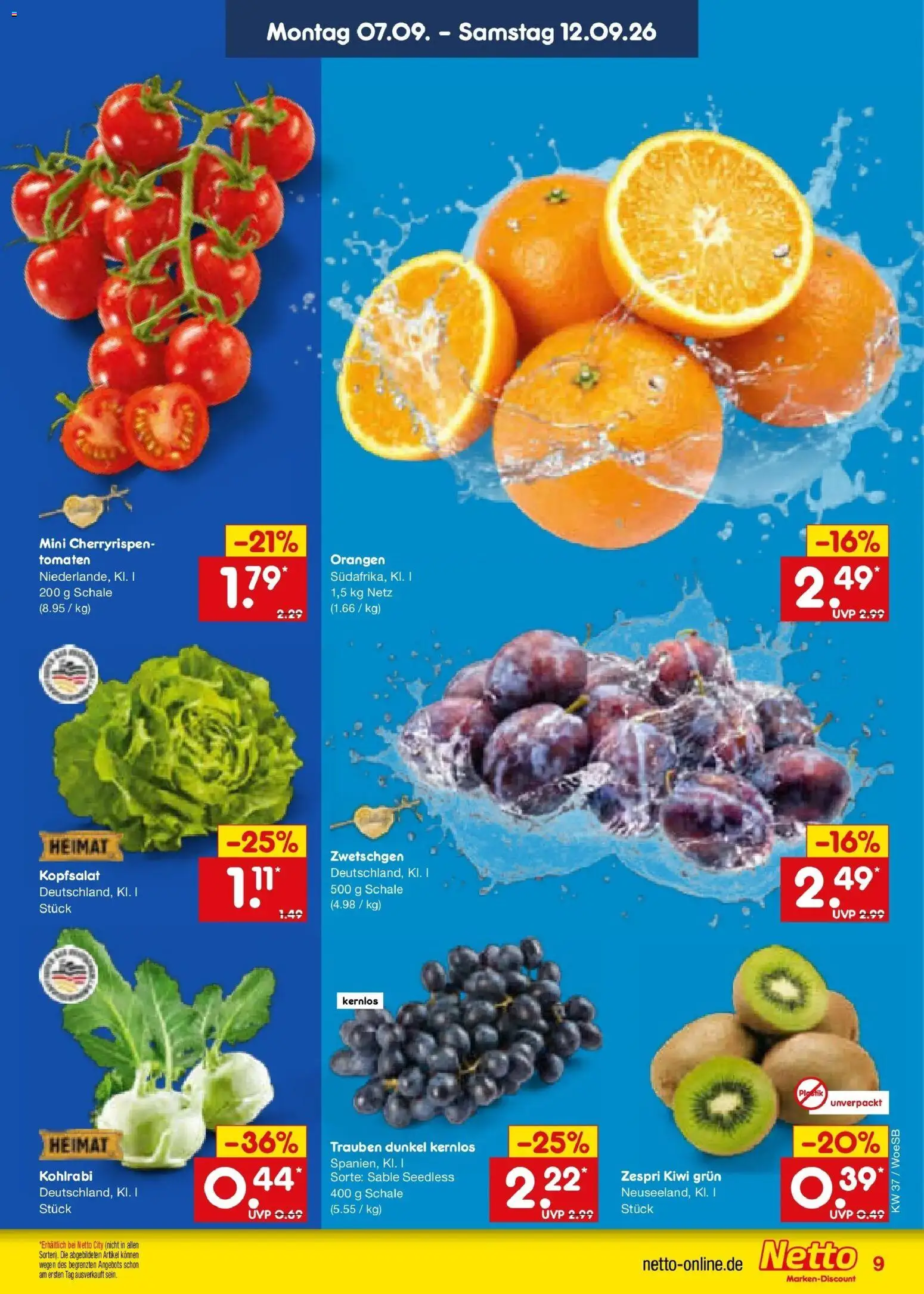 Netto Marken-Discount Prospekt Leonberg – gültig ab 07.09.2026 | Seite: 15 | Produkte: Trauben, Orangen, Tomaten, Kiwi
