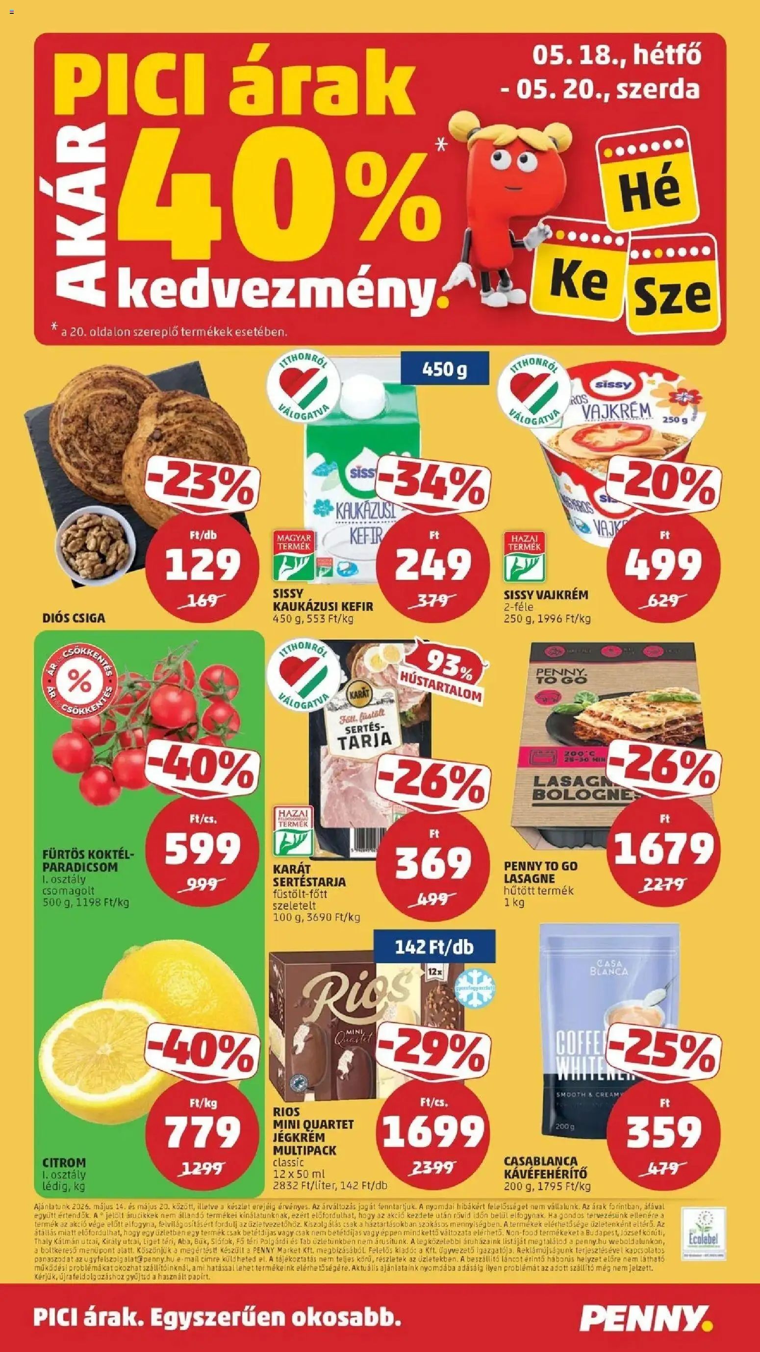 PENNY akciós ujság - amely érvényes a következő dátumtól: 14.05.2026 | Oldal: 20 | Termékek: Paradicsom, Kávéfehérítő, Lasagne, Citrom