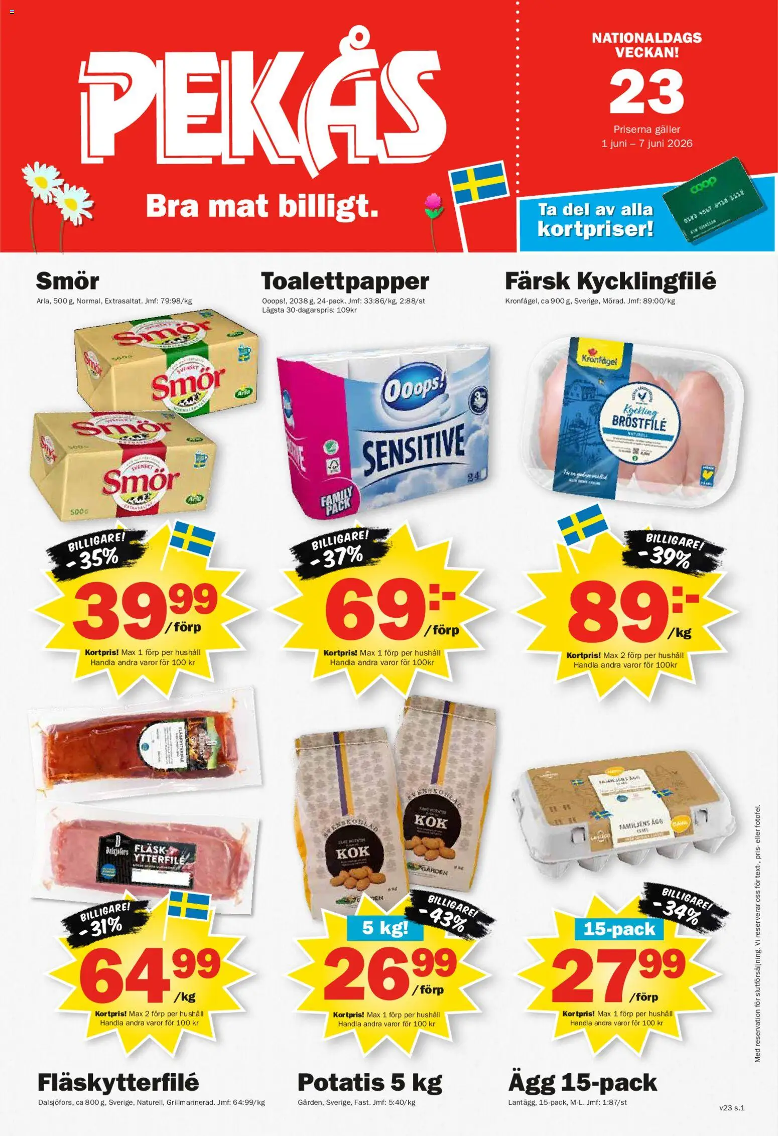 Pekås reklamblad aktuell från 01.06.2026 | Sida: 1 | Produkter: Toalettpapper, Fläskytterfilé, Ägg, Potatis