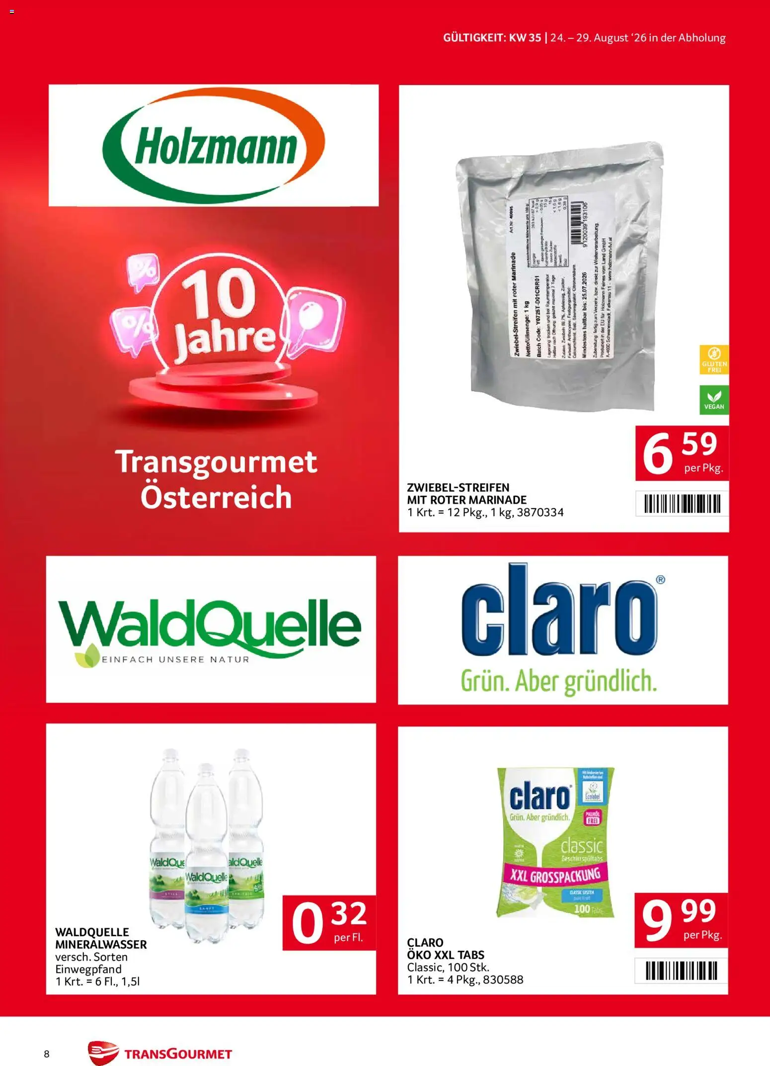 Transgourmet Flugblatt gültig ab 24.08.2026 | Seite: 8 | Produkte: Zwiebeln, Mineralwasser, Geschirrspültabs