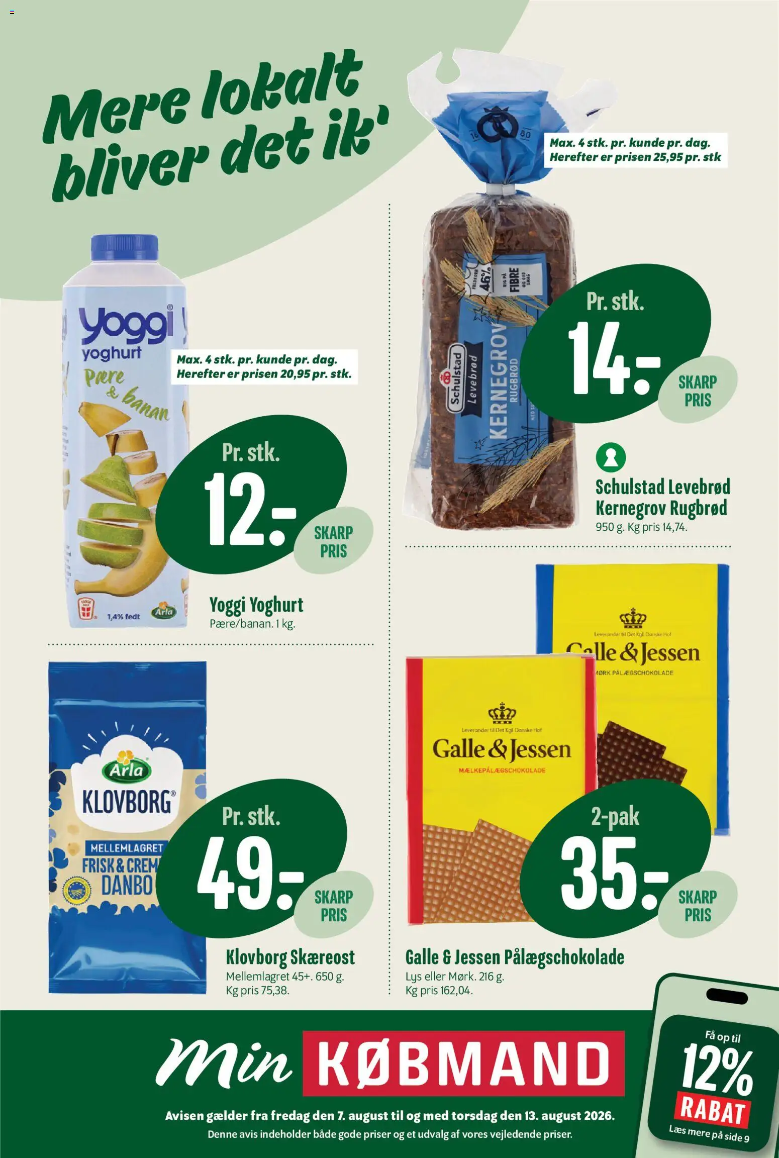 Min Købmand tilbudsavis – gyldig fra 07/08/2026 | Side: 1 | Produkter: Yoghurt, Rugbrød, Pålægschokolade