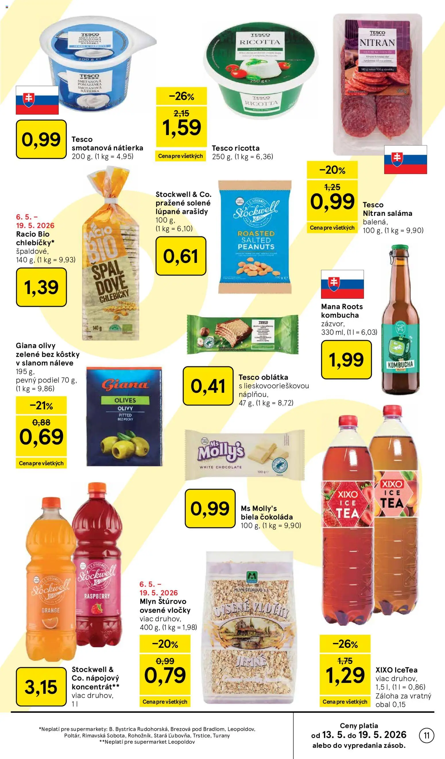 Nové Tesco akcie – leták je platný od 13.05.2026 | Strana: 11 | Produkty: Saláma, Čokoláda, Vločky, Arašidy