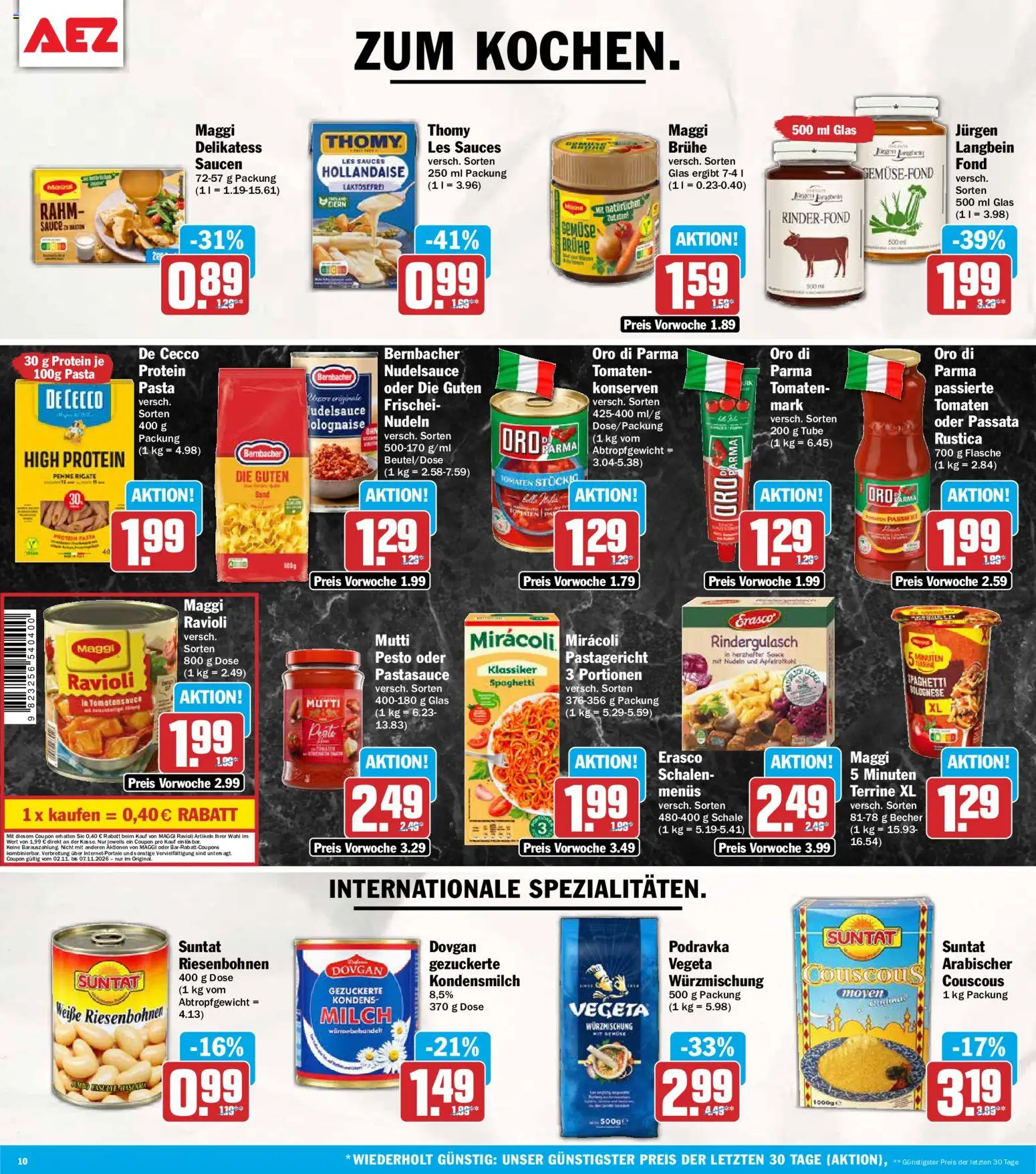 AEZ Prospekt – gültig ab 02.11.2026 | Seite: 10 | Produkte: Spaghetti, Oro di parma, Pasta, Nudeln