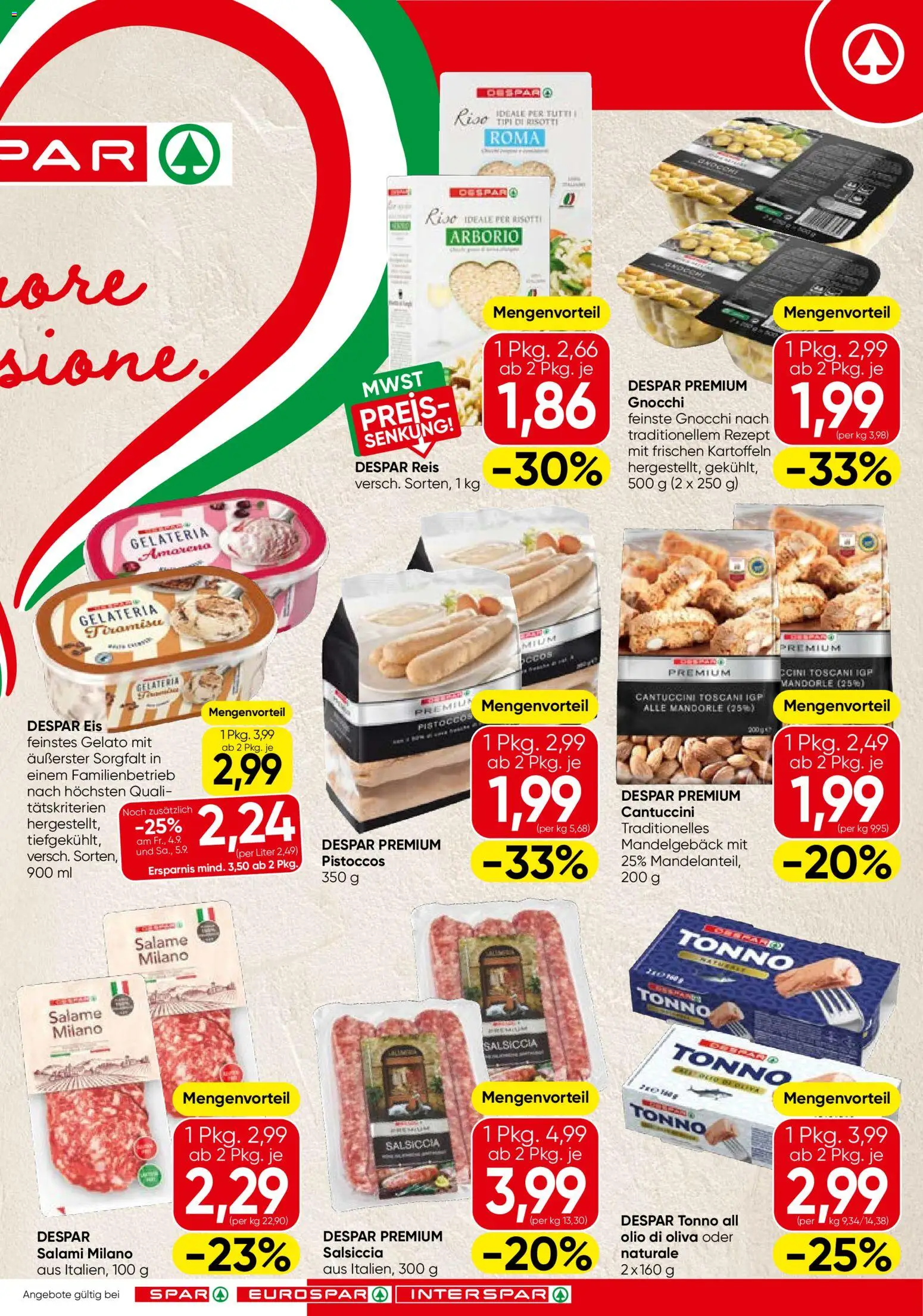 Spar Italien gültig ab 03.09.2026 | Seite: 3 | Produkte: Eis, Kartoffeln, Salami, Reis