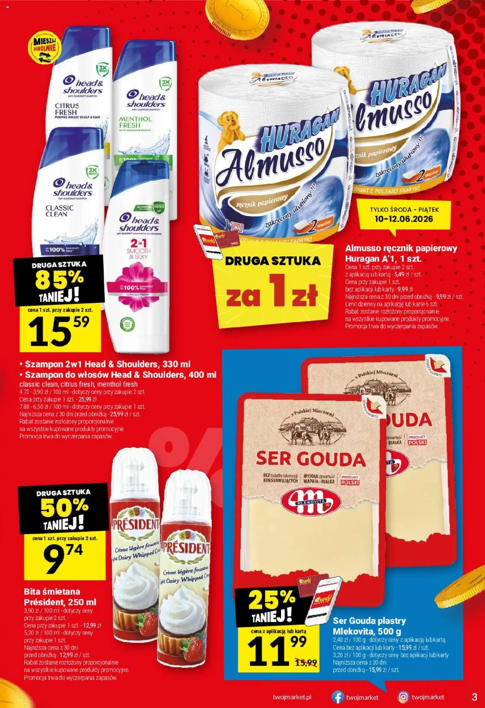 Twój Market gazetka od 10.06.2026 | Strona: 3 | Produkty: Karta, Szampon, Ręcznik papierowy, Ser gouda