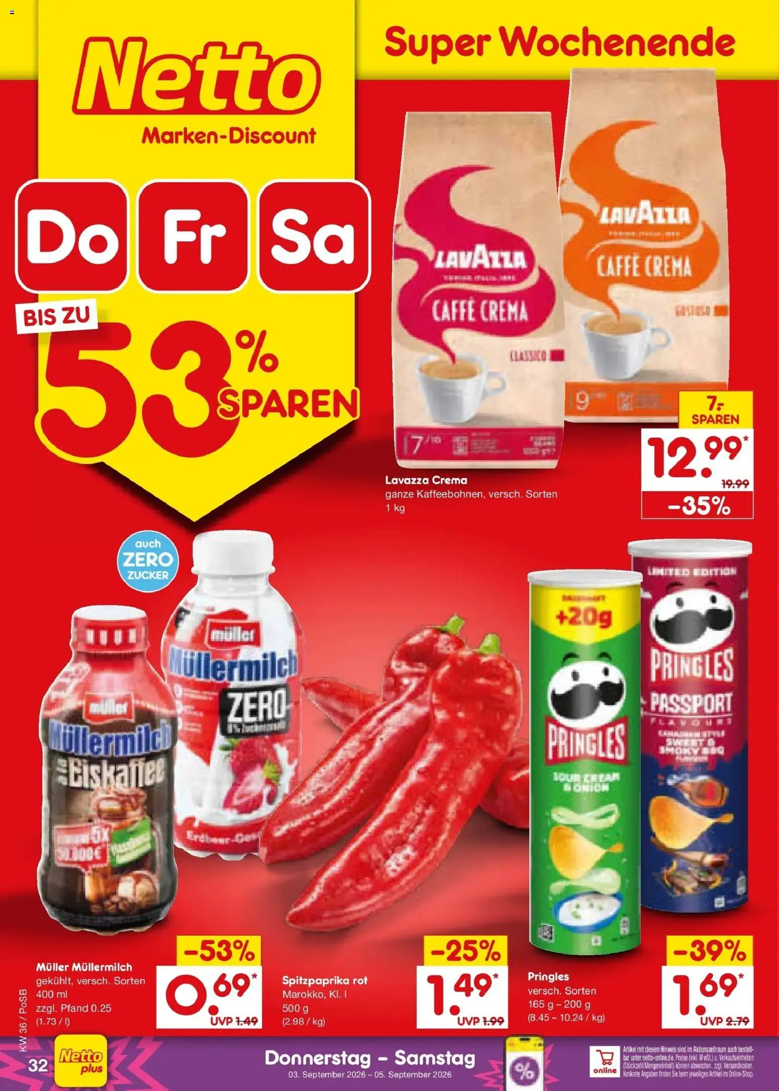 Netto Marken-Discount Prospekt Regensburg (ab 31.08.2026) » Angebote | Seite: 44 | Produkte: Lavazza, Müllermilch, Pringles, Muller mullermilch