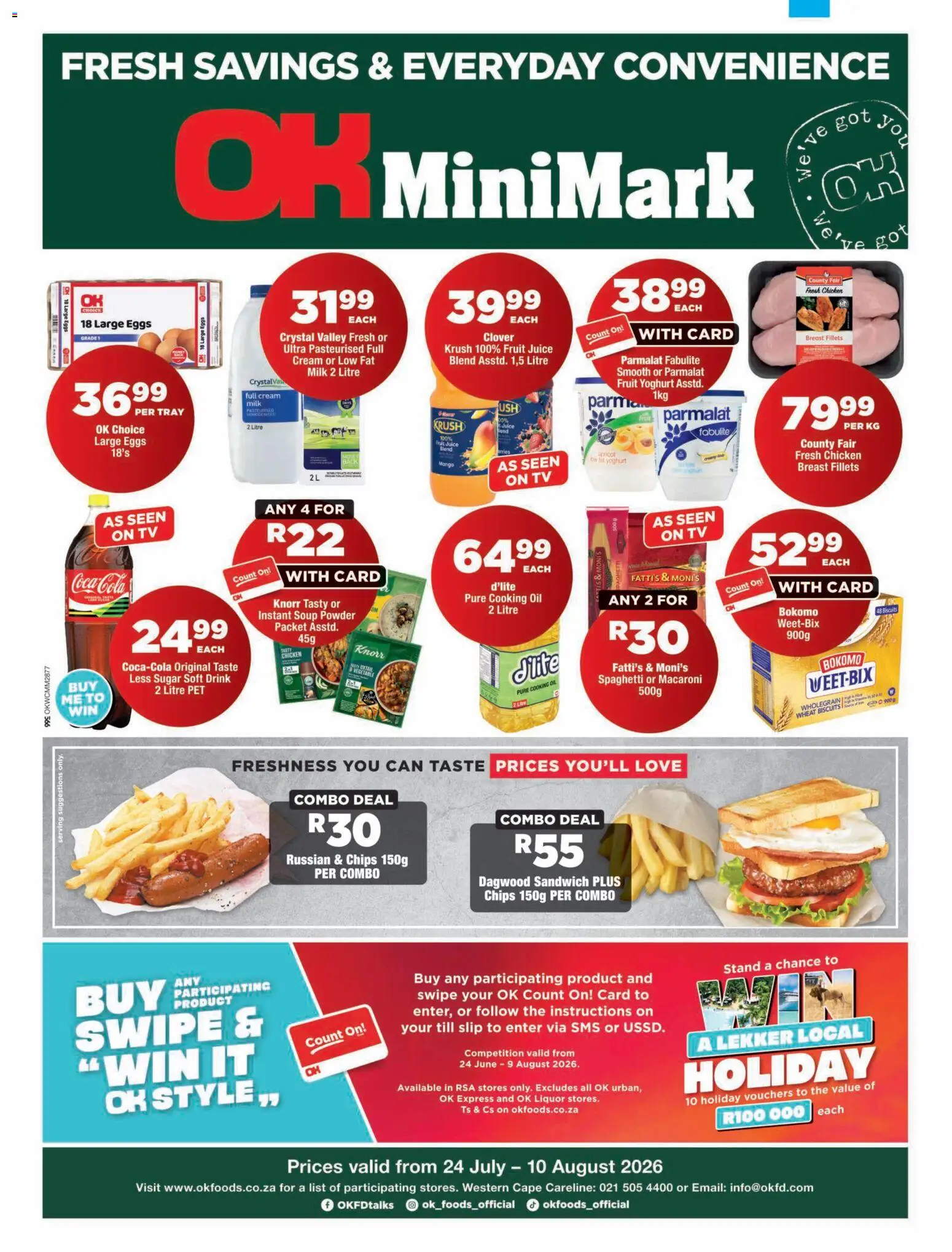 New OK Foods catalogue – valid from 24/07/2026 | Page: 1 | Products: Biscuits, Juice, Fruit, Mango