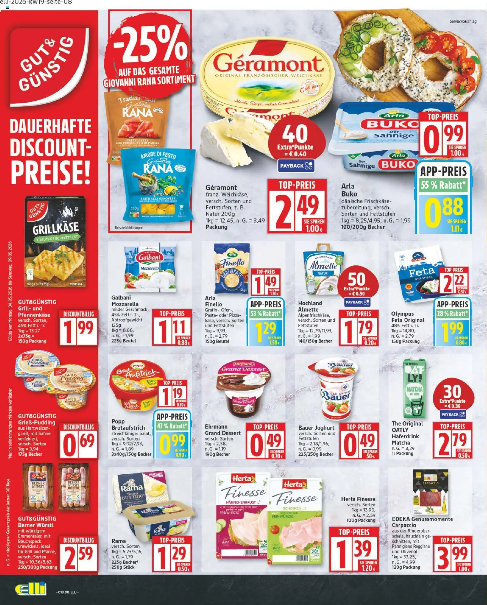 Elli Markt Prospekt – gültig ab 04.05.2026 | Seite: 8 | Produkte: Feta, Olivenol, Haferdrink, Schinken