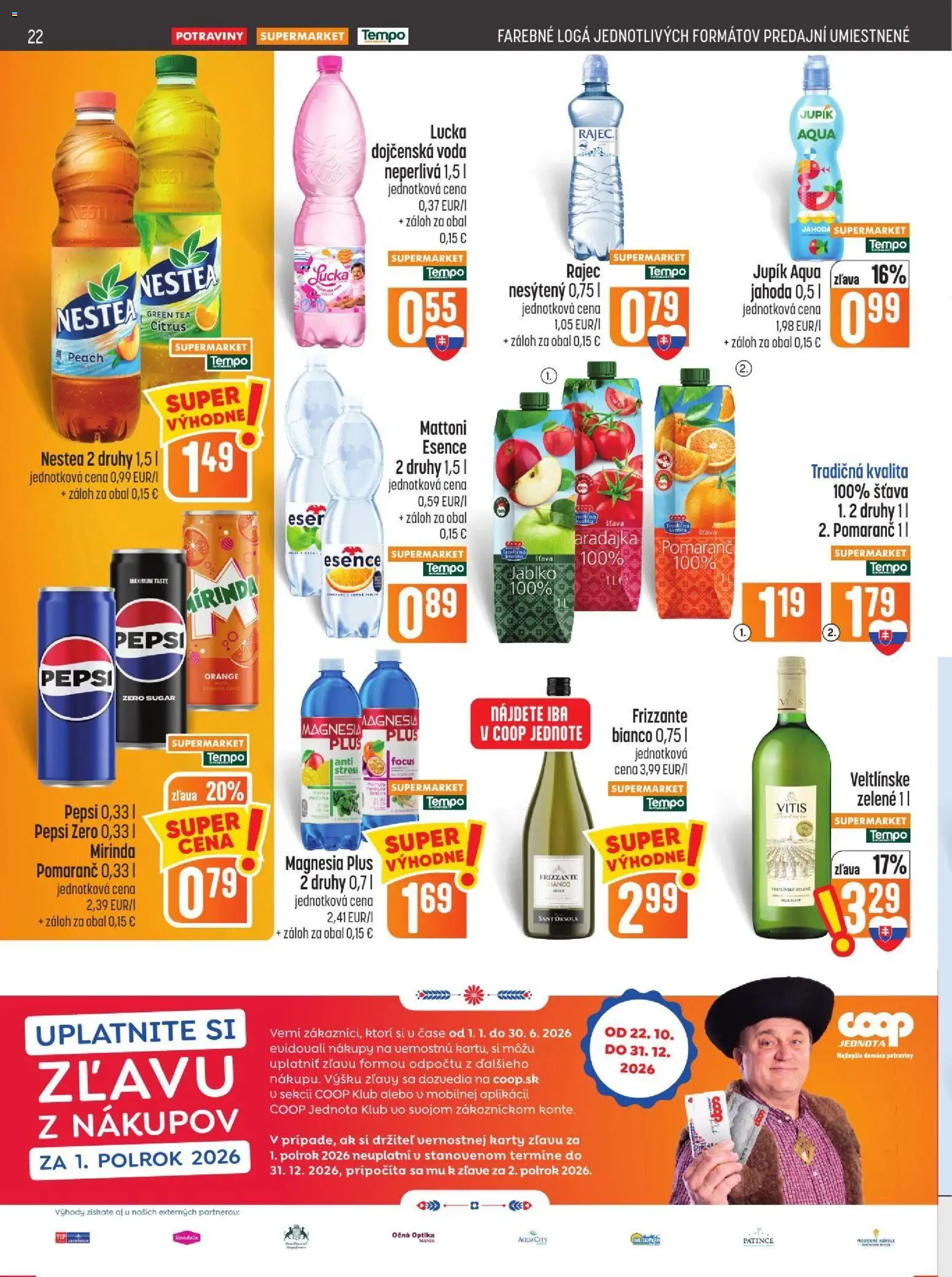 Nové COOP Jednota akcie – leták je platný od 29.10.2026 | Strana: 22 | Produkty: Mirinda, Šťava, Pepsi Zero, Dojčenská voda