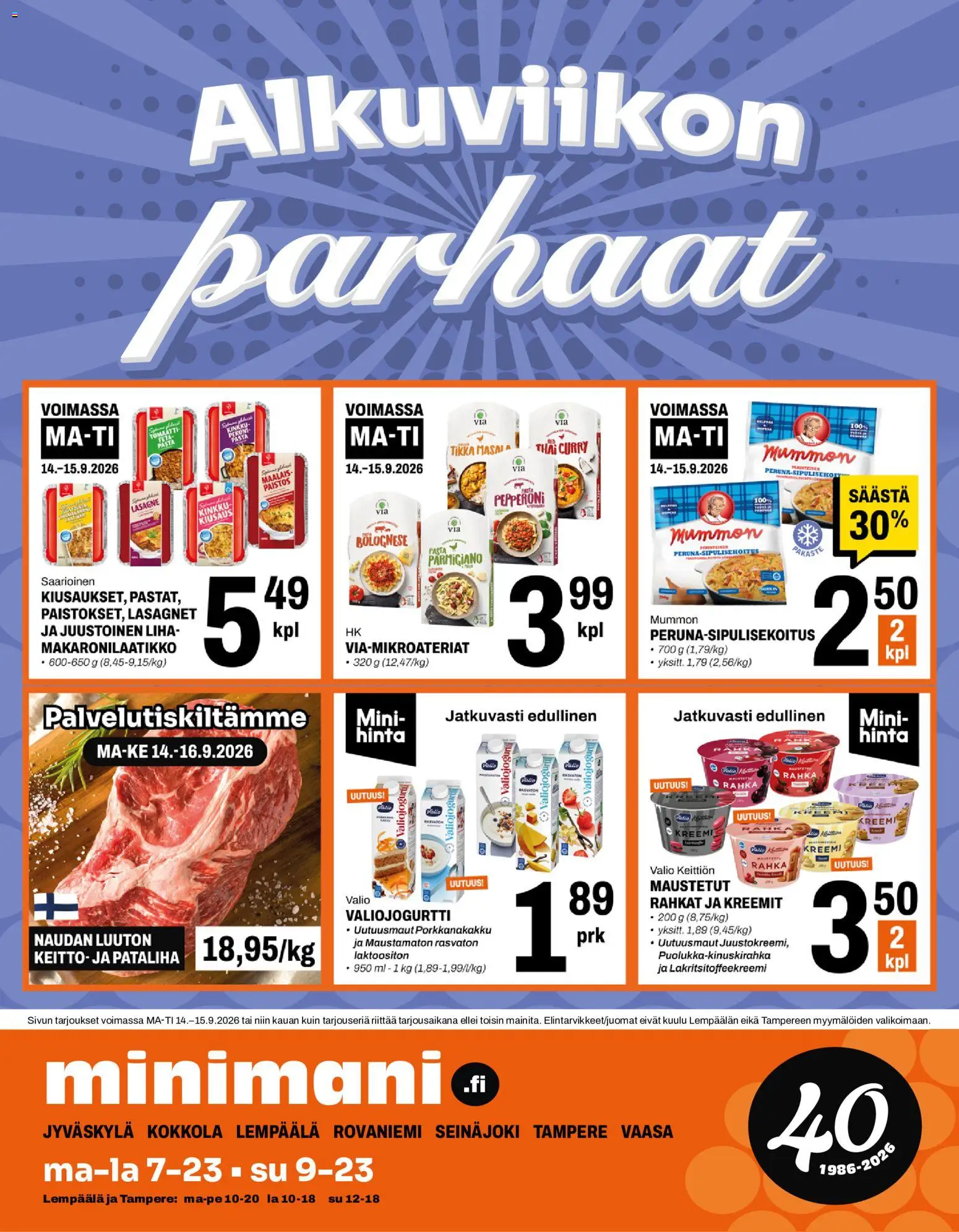 Minimani tarjoukset – voimassa 14/09/2026 alkaen | Sivu: 1 | Tuotteet: Curry, Peruna, Kinkku, Pasta