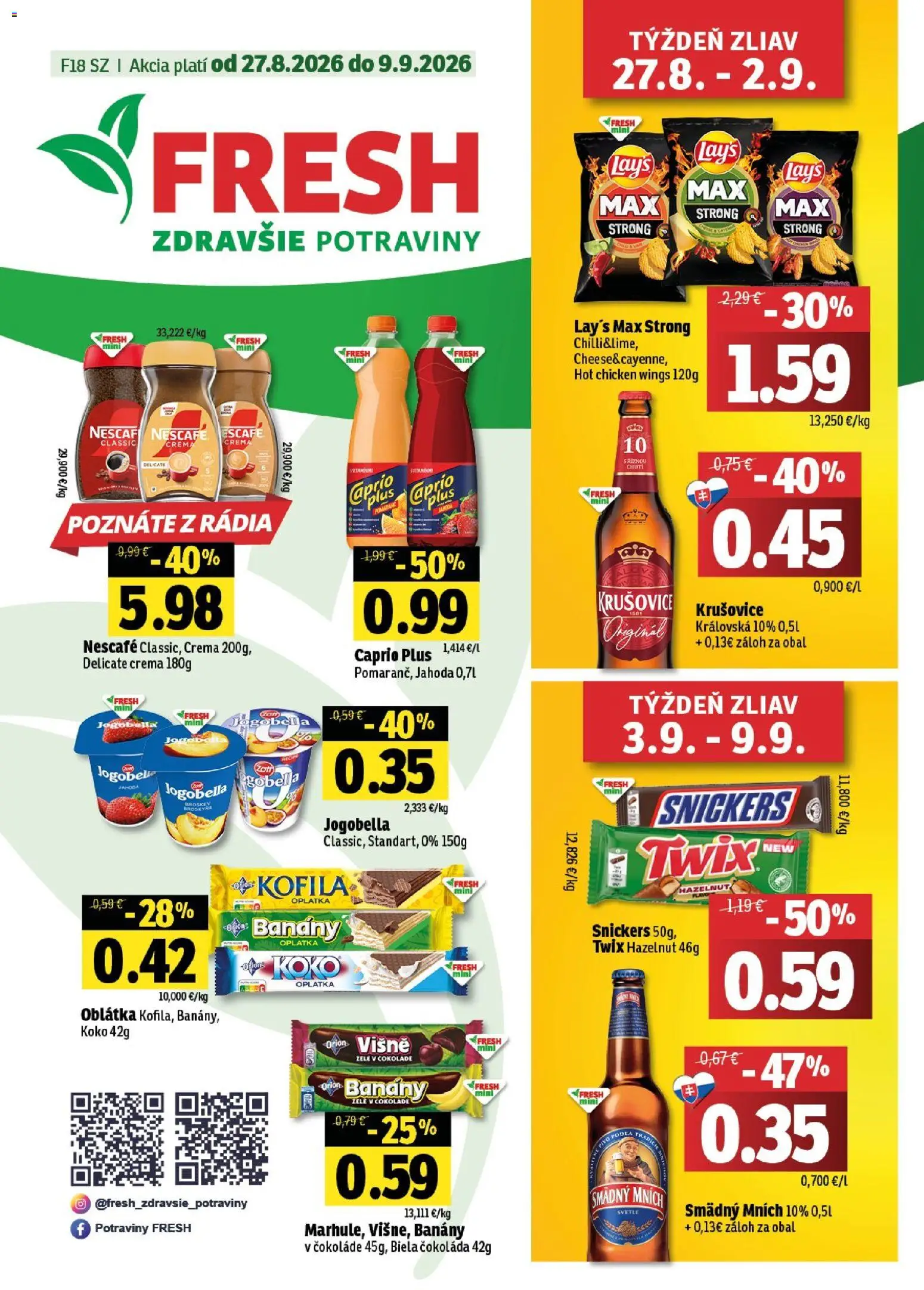 Nové Fresh akcie – leták je platný od 27.08.2026 | Strana: 1 | Produkty: Banány, Krušovice, Čokoláda, Biela čokoláda