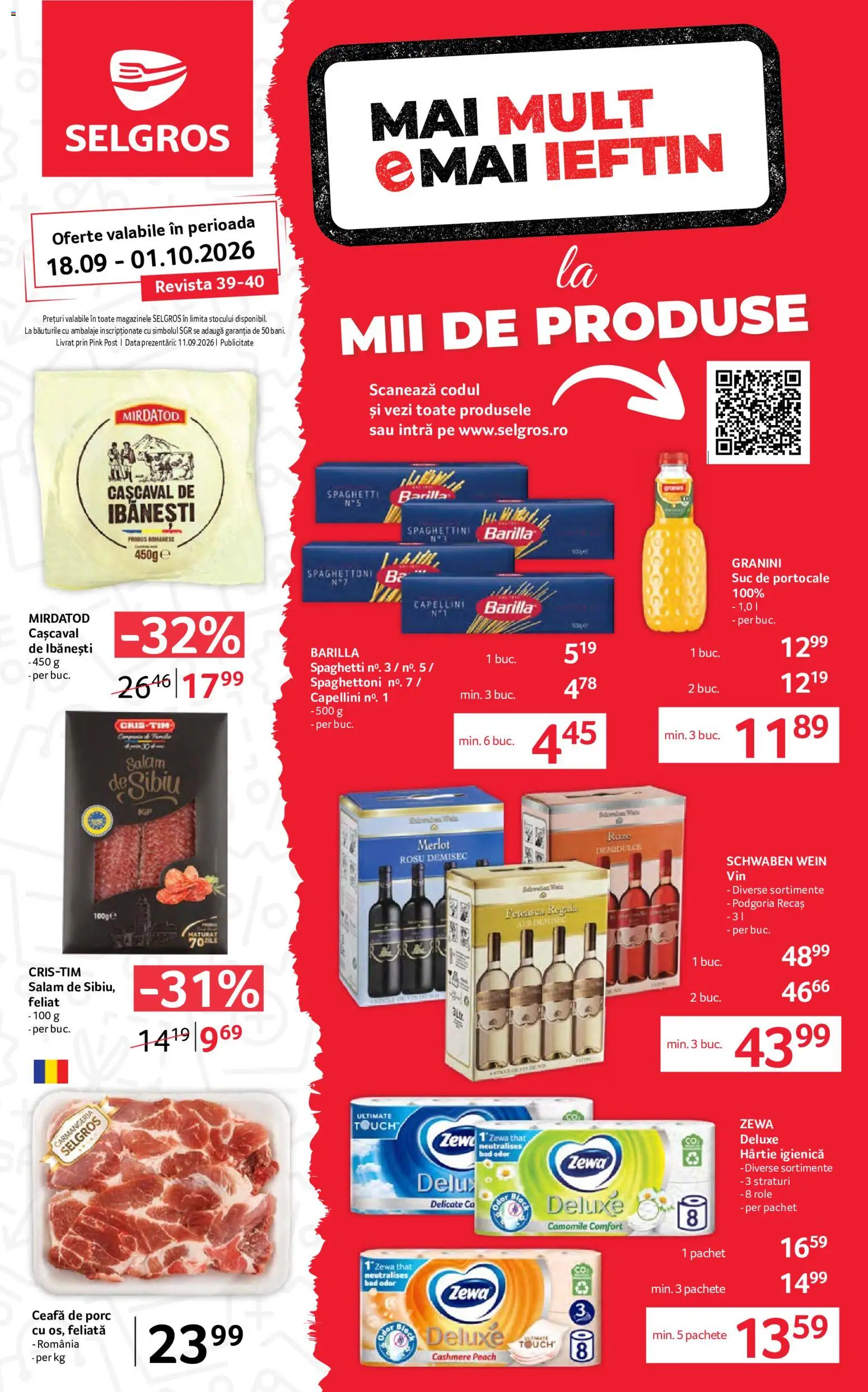 Noul catalog Selgros – valabil de la 18.09.2026 | Pagină: 1 | Produse: Barilla, Ceafa de porc, Cașcaval, Deluxe