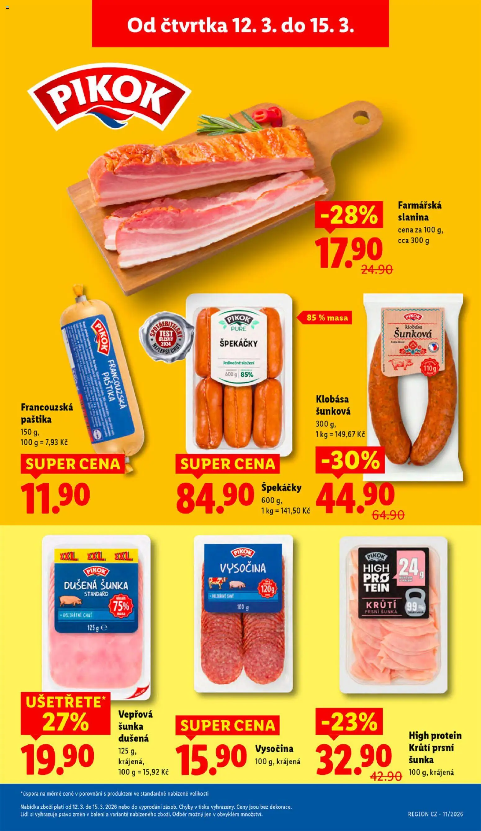 Lidl leták od 12.03.2026 | Strana: 15 | Produkty: Test, Šunka, Klobása, Protein
