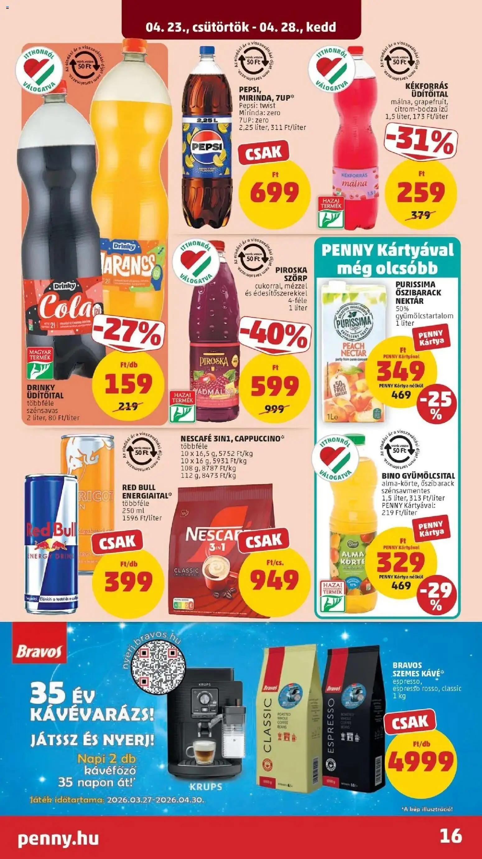 PENNY akciós ujság - amely érvényes a következő dátumtól: 2026.04.23. | Oldal: 16 | Termékek: Körte, Játék, Red bull, Alma