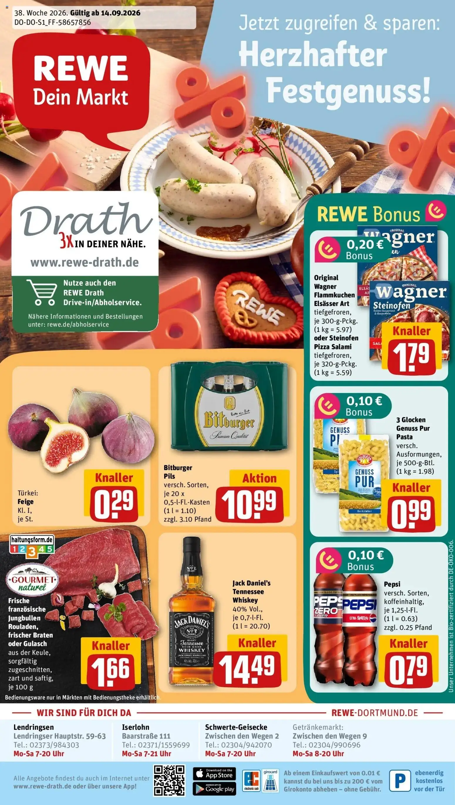 REWE Prospekt ab 14.09.2026 zum Blättern » Angebote | Seite: 1 | Produkte: Pepsi, Salami, Pizza, Whiskey