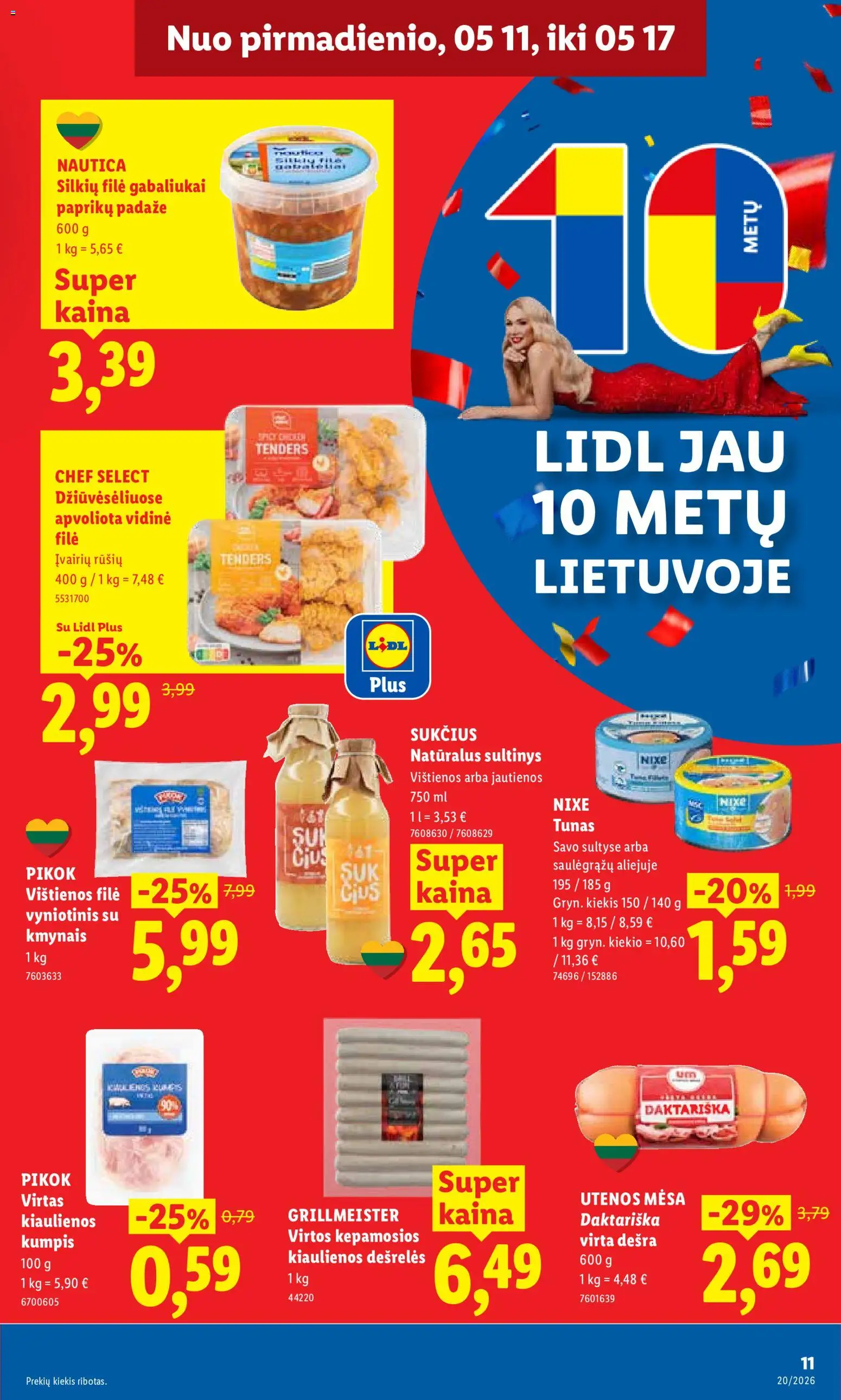 LIDL akcijos nuo 11.05.2026 | Puslapis: 11 | Prekių: Kiaulienos, Jautienos, Dešrelės, Kumpis