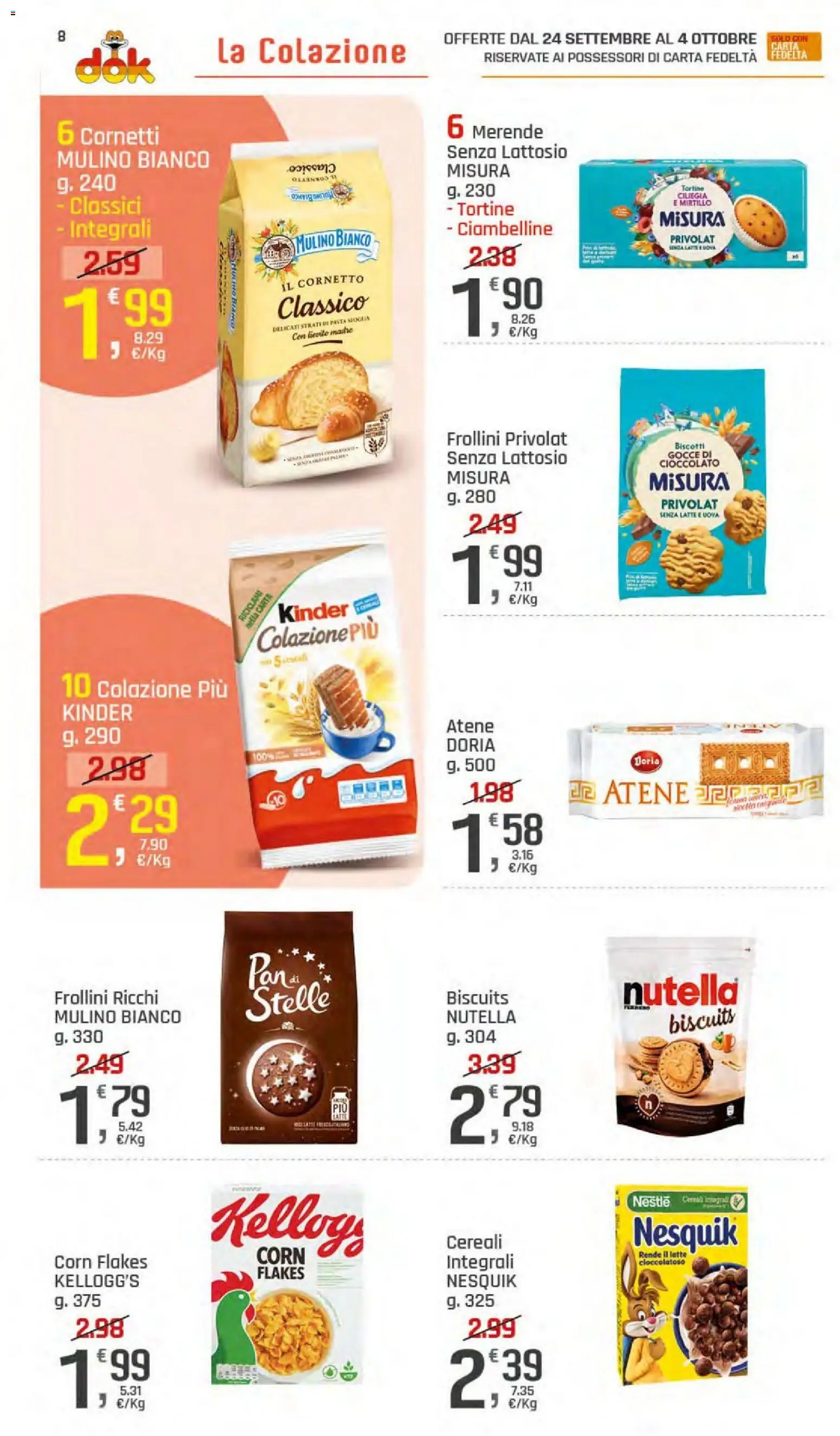 Volantino DOK del 24/09/2026 | Pagina: 8 | Prodotti: Cornetto, Biscotti, Nutella, Frollini