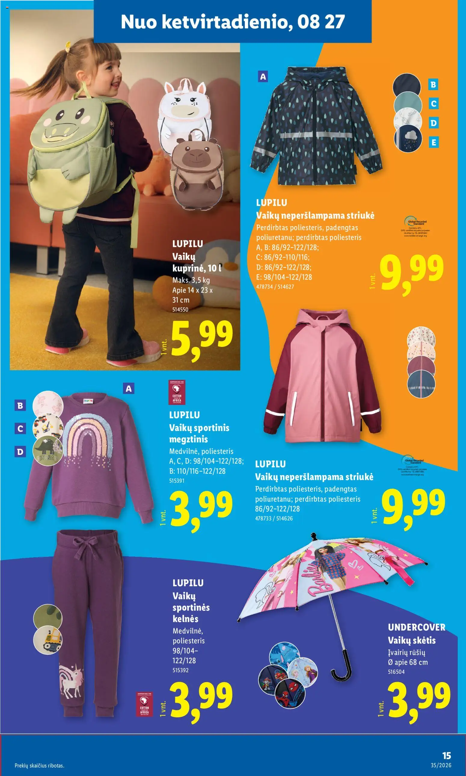 LIDL akcijos nuo 2026.08.24 | Puslapis: 15 | Prekių: Skėtis, Megztinis, Kelnes