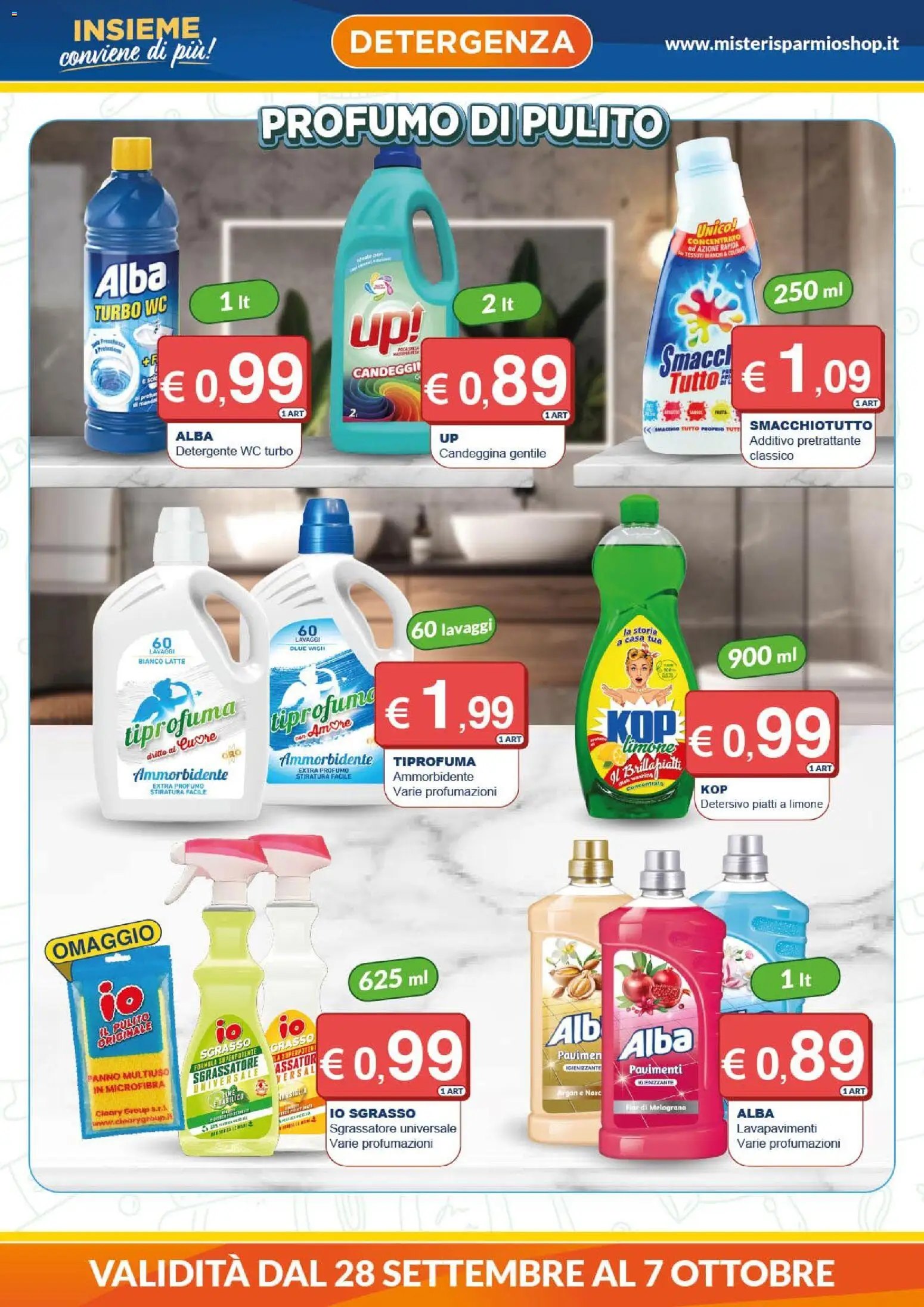 Volantino Mister Risparmio del 28/09/2026 | Pagina: 4 | Prodotti: Ammorbidente, Detergente, Candeggina, Sgrassatore