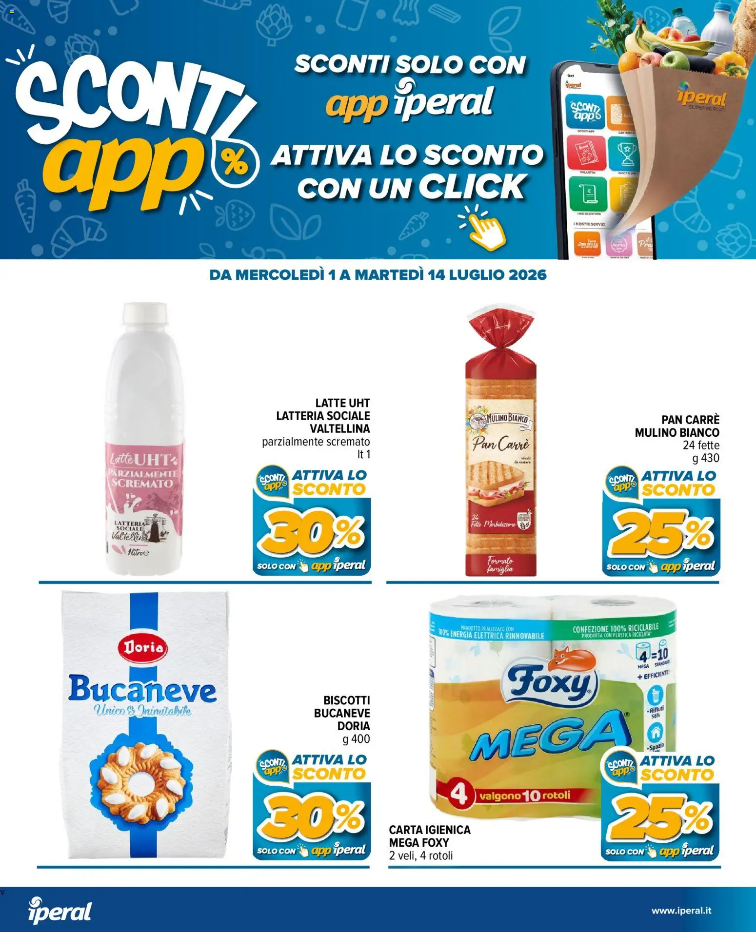 Volantino Iperal del 01/07/2026 | Pagina: 21 | Prodotti: Carta igienica, Biscotti, Latte