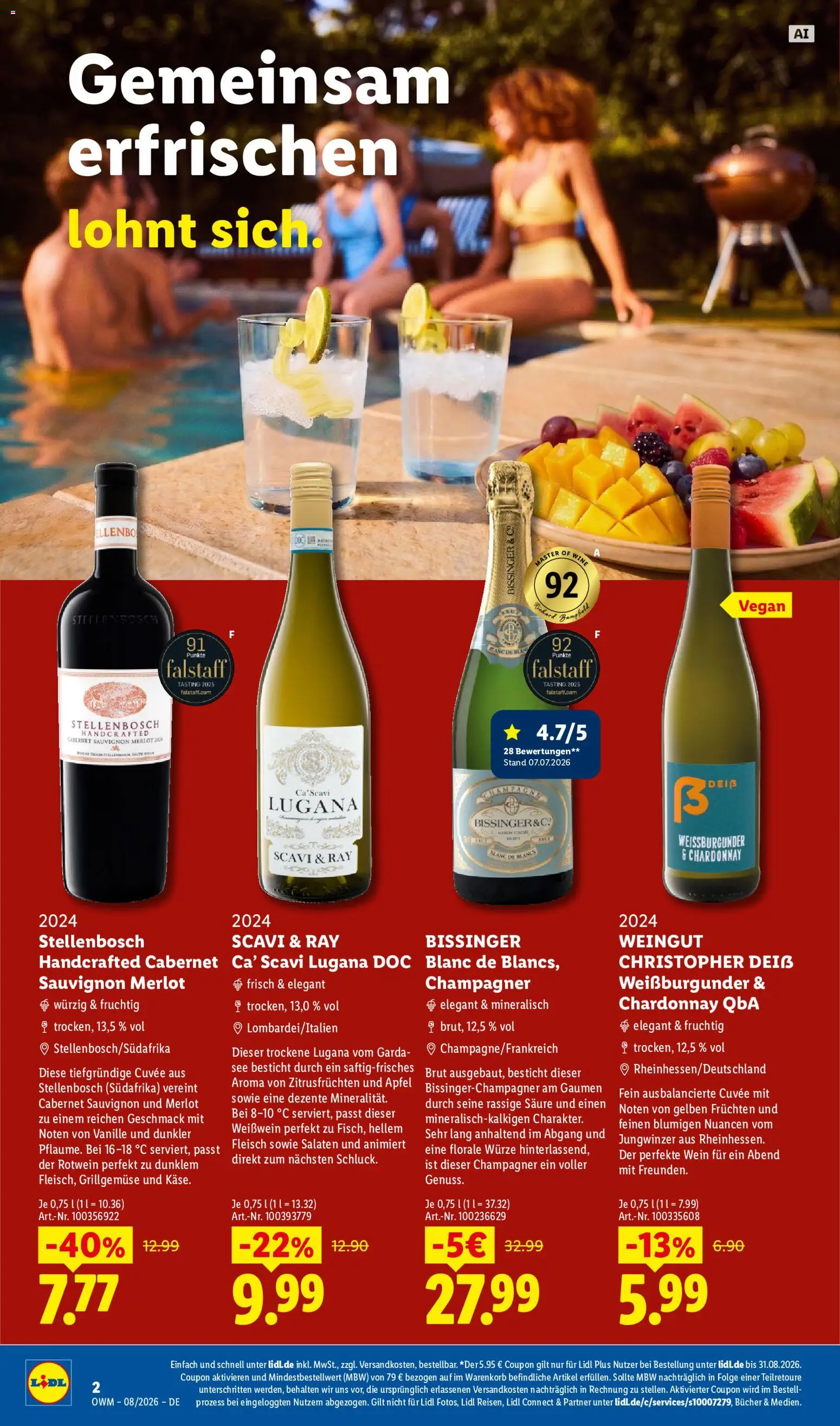 Lidl Prospekt Wein & Spirituosen – gültig ab 01.08.2026 | Seite: 2 | Produkte: Weißwein, Merlot, Äpfel, Fleisch
