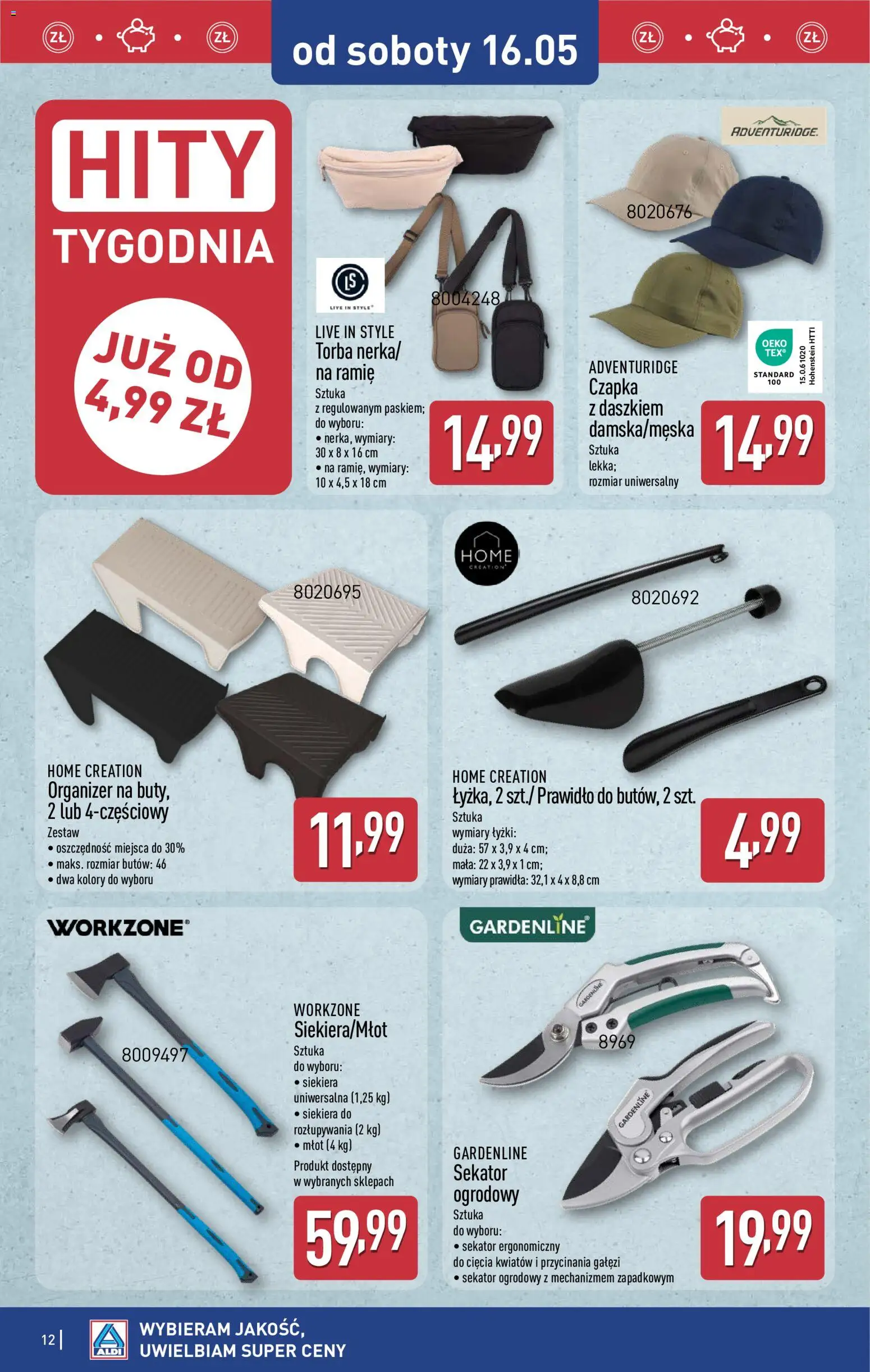 Aldi gazetka - Hity od Środy i od Soboty od 13.05.2026 | Strona: 12 | Produkty: Czapka, Torba, Sekator, Siekiera