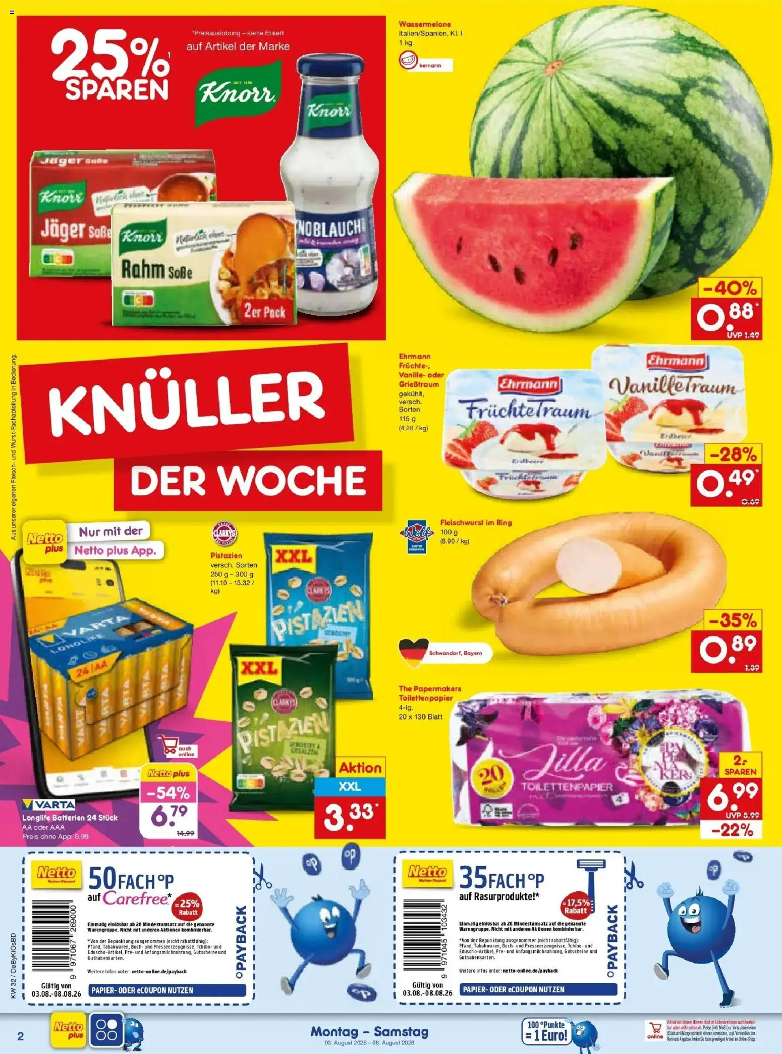Netto Marken-Discount Prospekt Buttenwiesen – gültig ab 03.08.2026 | Seite: 2 | Produkte: Batterien, Soße, Wassermelone, Toilettenpapier