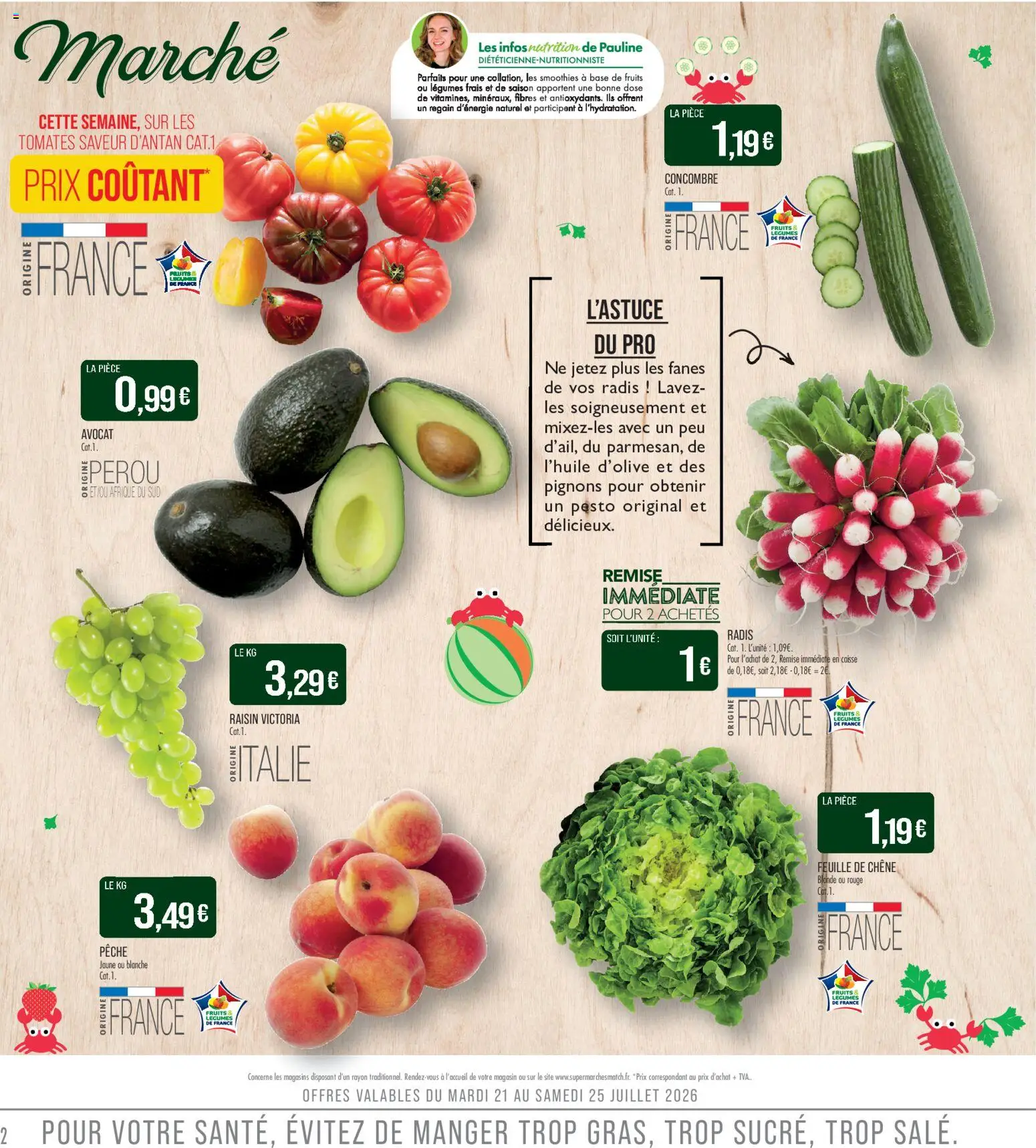 {H1} | Page: 2 | Produits: Concombre, Pêche, Pesto, Tomates