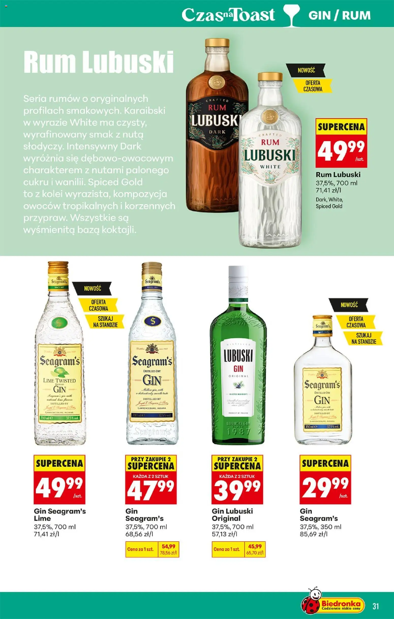 Biedronka gazetka - Czas na toast od 15.06.2026 | Strona: 33 | Produkty: Gin Seagram's, Gin Lubuski, Rum, Gin