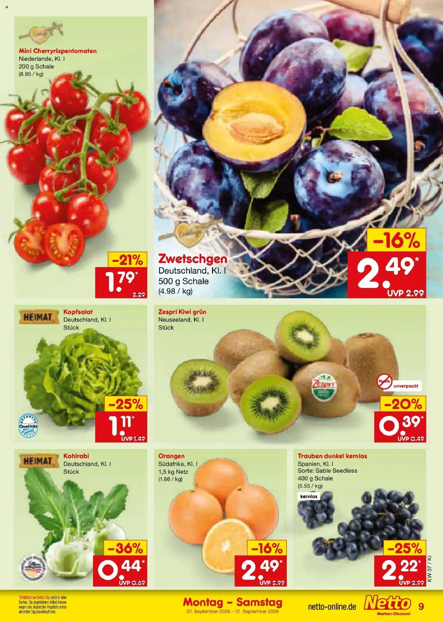 Netto Marken-Discount Prospekt Bad Friedrichshall – gültig ab 07.09.2026 | Seite: 15 | Produkte: Kohlrabi, Orangen, Zwetschgen, Kiwi